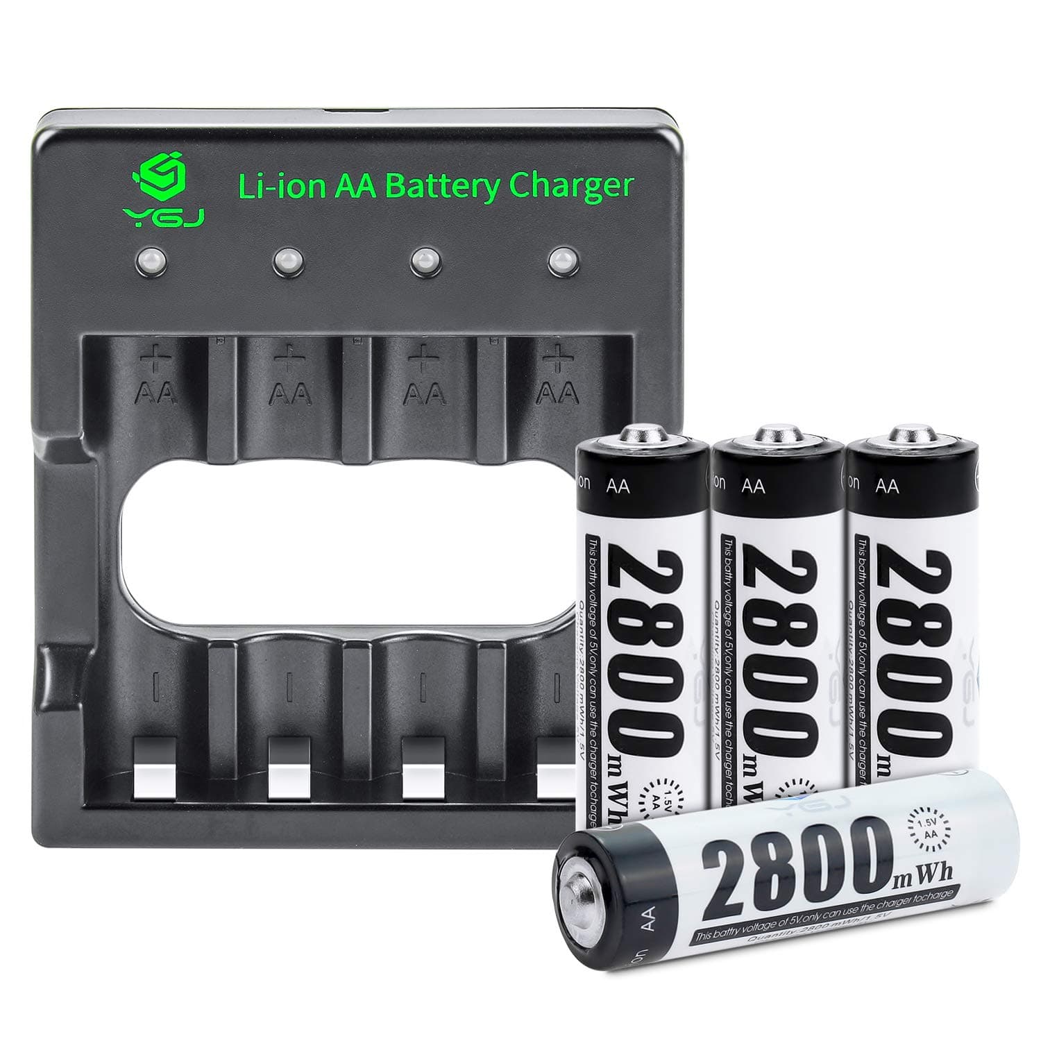 YGJ Rechargeable AA lithium battery charger with 4Pcs Rechargeable AA Li-ion batteries - Durable & Long lasting Double A Battery Charger Set