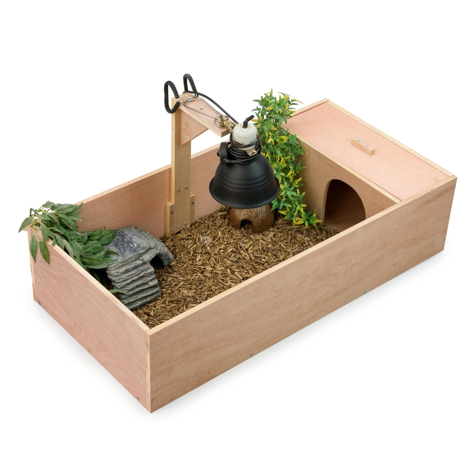 KCT Wooden Tortoise Table Reptile Vivarium Cage Hide with Open Run and Lamp Arm