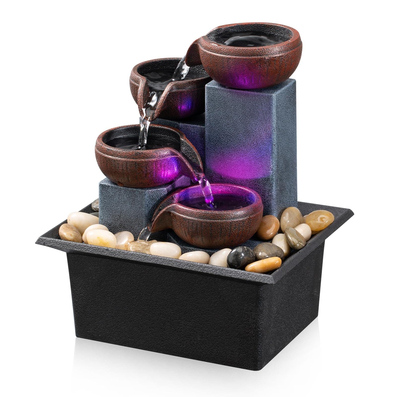 Tabletop Fountain 4 Level Small Waterfall Fountain Indoor Relaxing Water Feature Meditation Fountain for Home Office Bedroom Decoration Including LED Color Lighting and Natural Rocks