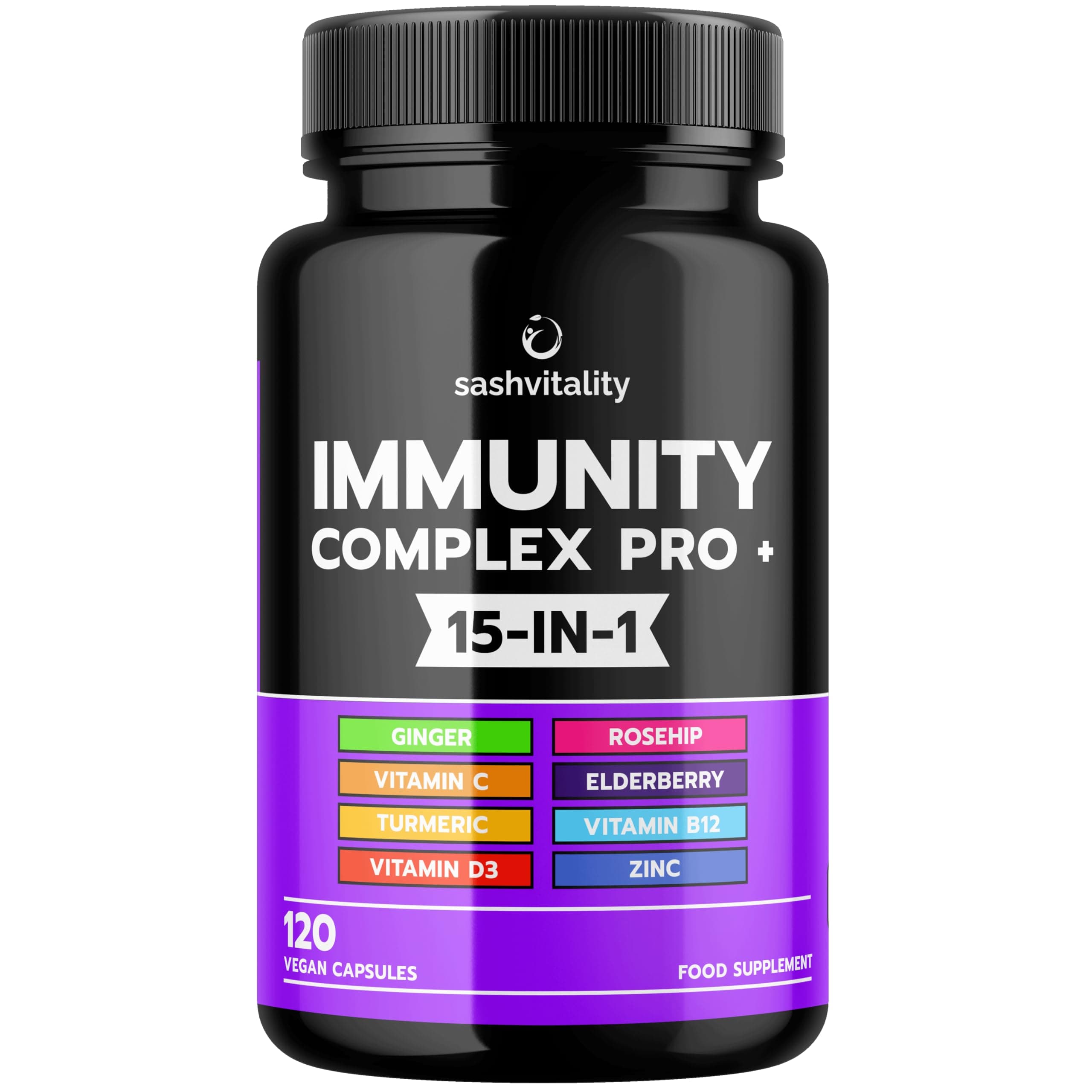 Sash Vitality Immunity Complex Pro+ Immune System Booster with Vitamin D3 - High Strength Immune Support Supplements Immune System Vitamins Zinc, Elderberry, B12, C, Turmeric & More-120 Vegan Capsules