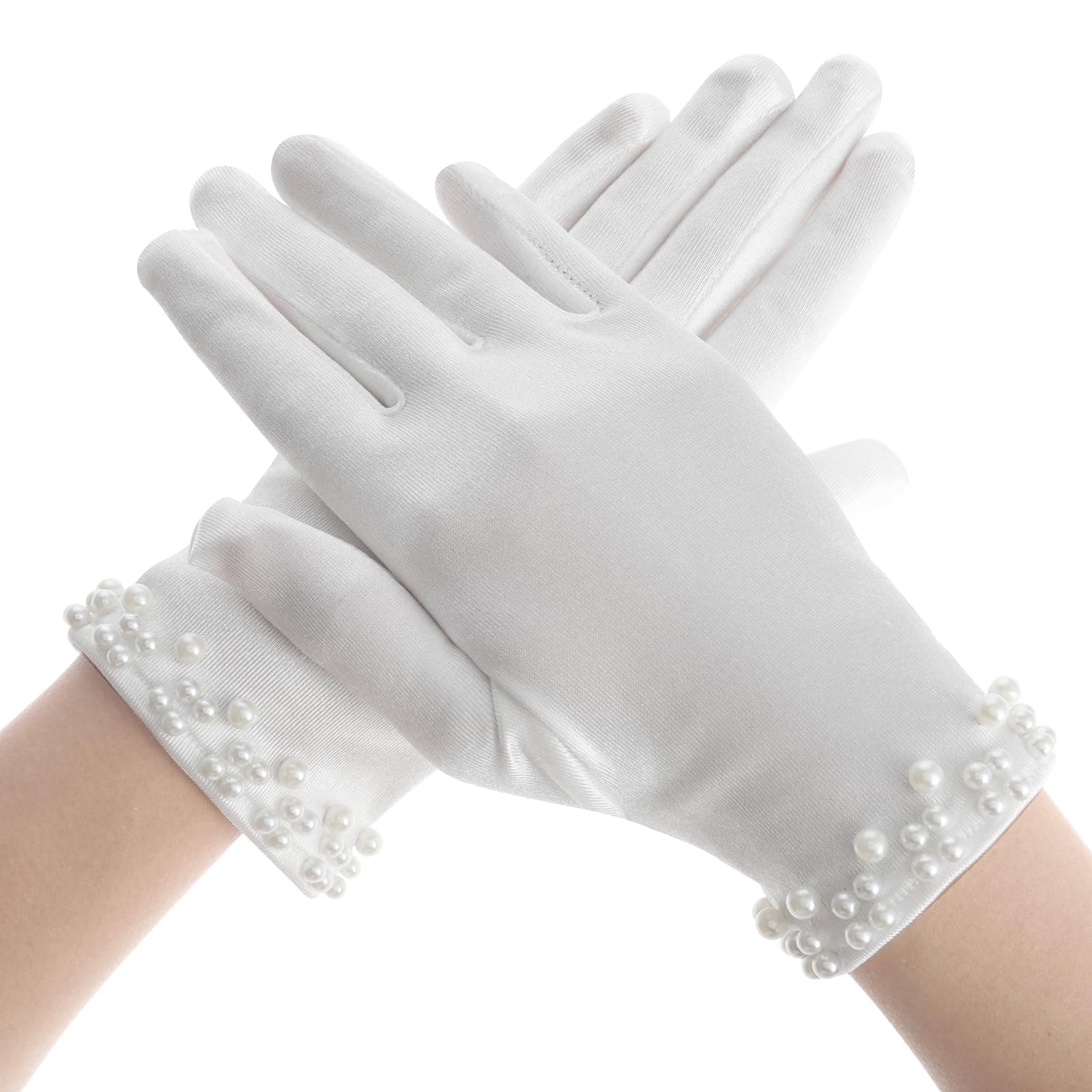 White Gloves Women Pearl Short Satin Gloves White Women's Uniform Gloves Wedding Tuxedo Gloves for 1920s Fashion Accessories Floral Tea Party