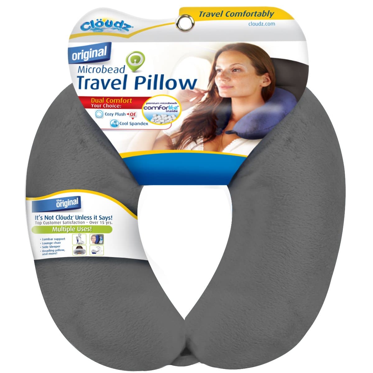 Cloudz Dual Comfort Microbead Airplane Travel Neck Pillow. Super Soft Cozy Plush Fabric on One Side, Cool Relaxing Spandex on The Other! Customize Your Comfort and Support at Home or On The Go! Grey