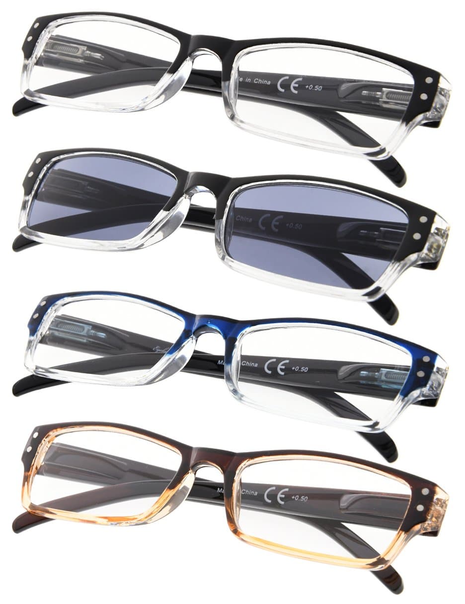 Gr8Sight4-pack Rectangular Reading Glasses with Spring Hinges Includes Sunshine Readers