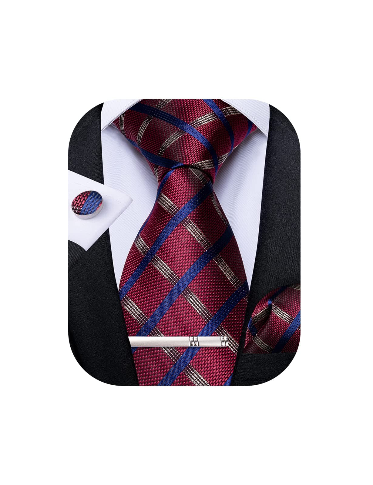 DiBanGu Plaid Ties for Men Silk Checkered Necktie and Pocket Square Cufflinks Tie Clip Set with Gift Box for Wedding Business