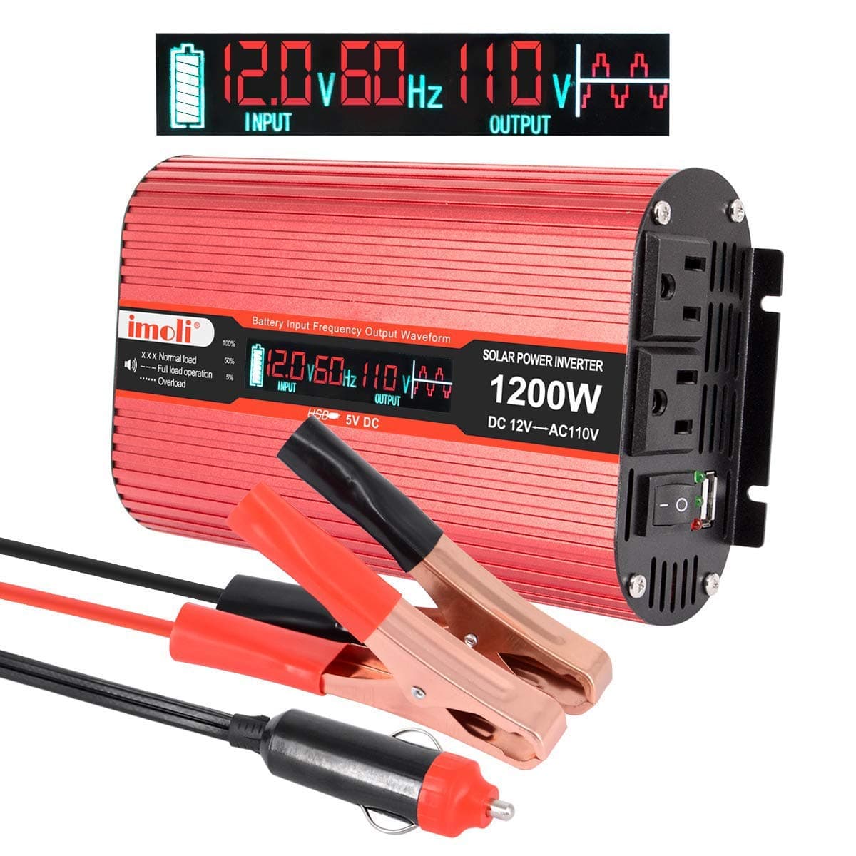 1200W Power Inverter DC 12V to 110V AC Converter Automotive Modified Sine Wave 3.1A USB 2 AC Outlets with LCD Digital Display(2400W Peak
