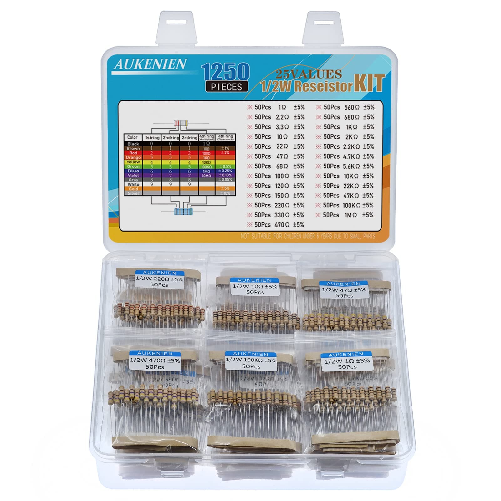 AUKENIEN 1250pcs 25 Values 1/2W Carbon Film Resistor Assortment Kit 1 2.2 3.3 10 22 47 68 100 120 150 220 330 470 560 680 1K 2K 2.2K 4.7K 5.6K 10K 22K 47K 100K 1M Ohm 1/2 Watt 5% Resistors Pack