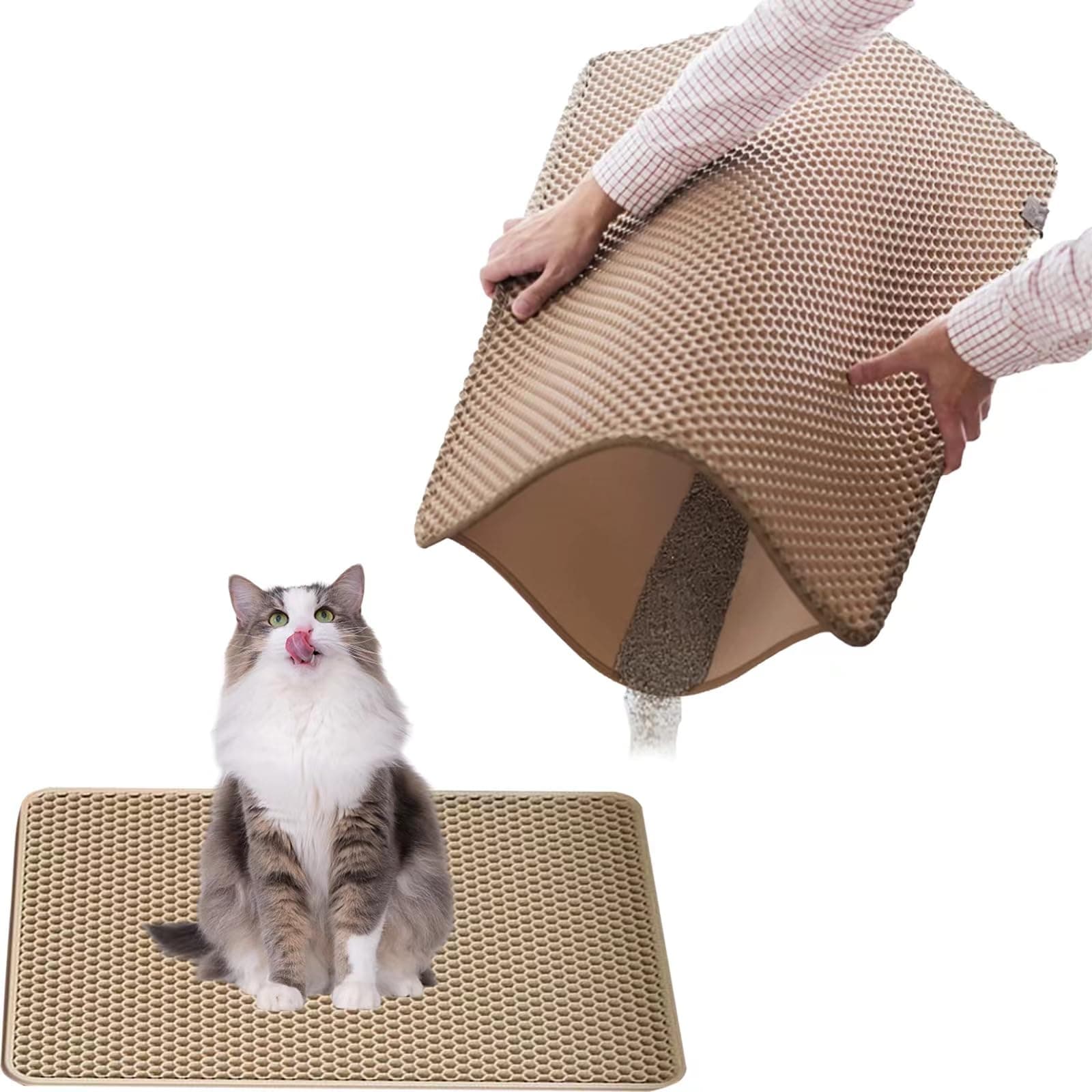 45 X 60 CM Cat Litter Mat Honeycomb Double Layer Litter Tray Mat Nonslip Waterproof Litter Box Mat Soft on Paws Litter Catcher Mats Large Hole Cat litter Trapper Easy to Clean (Beige)
