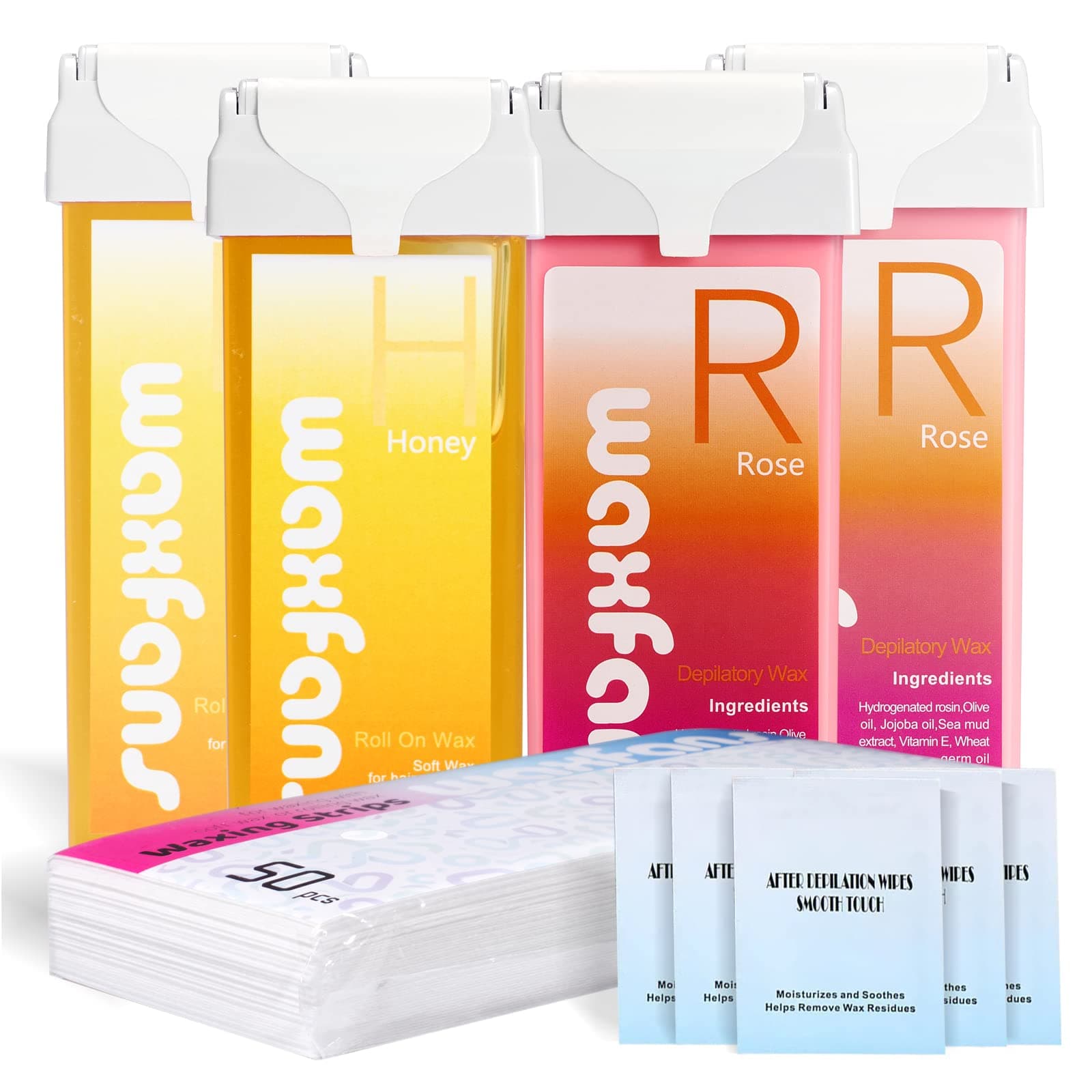 Waxfans Roll on Wax, Soft Wax Cartridge (4 Packs),Depilatory Hair Wax Removal for Body Hair, Legs, Arms,Wax Roll on Refill,3.53 Ounce (Honey/Tea Tree/Rose/Lavender)