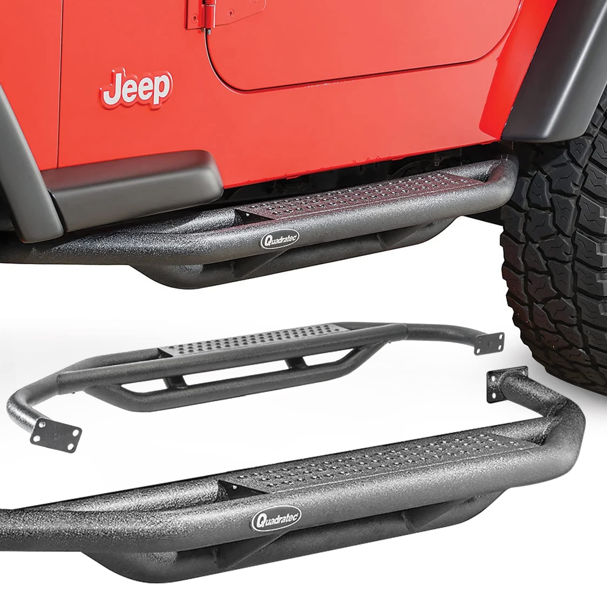 QRC Side Armor Rocker Guards with Step, Pair of 2 - Fits Jeep Wrangler YJ, TJ, JK, JL 2-Door & 4-Door - Solid Welded Steel - Black Powder Coated Finish - Side Step Running Boards (YJ & TJ)