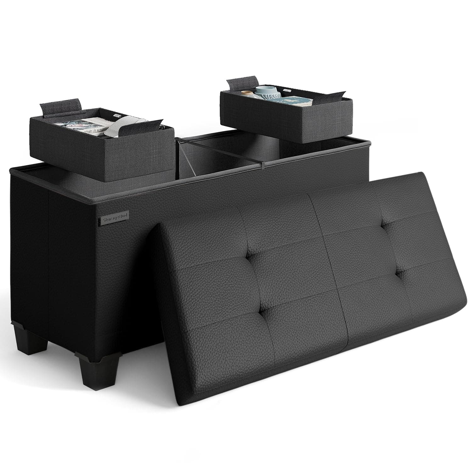 Storage Ottoman Bench with Storage Bins, 30-In Storage Bench for Bedroom End of Bed, Folding Foot Rest Ottoman with Storage for Living Room, Storage Chest Max 660lbs, Faux Leather Ottoman, Black