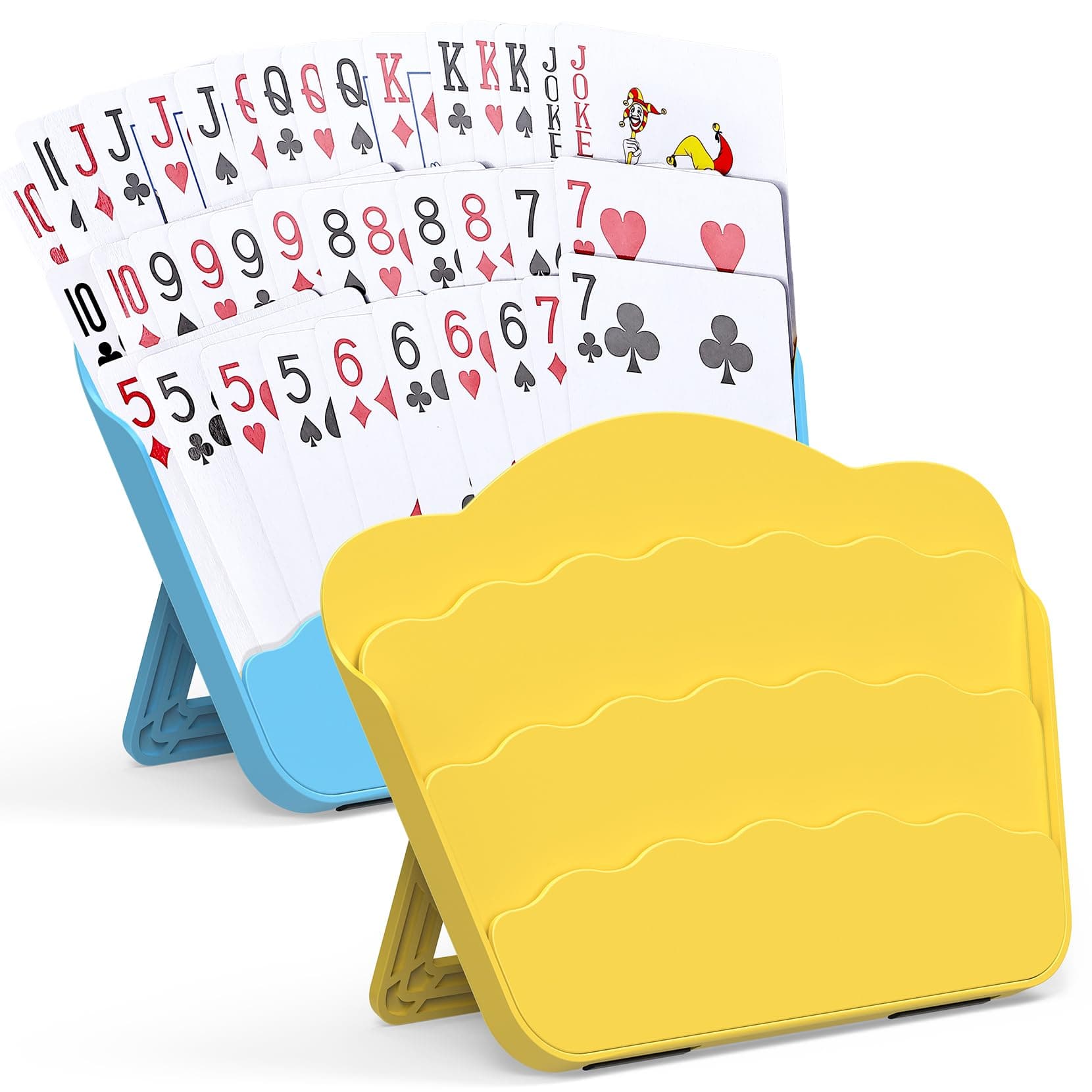 Playing Cards Holders Stands Decks w/Foldable Tabletop Stand, 3 Layers Design for Poker UNO Cards, Playing Card Accessories, Set of 2 (1 Blue + 1 Yellow)