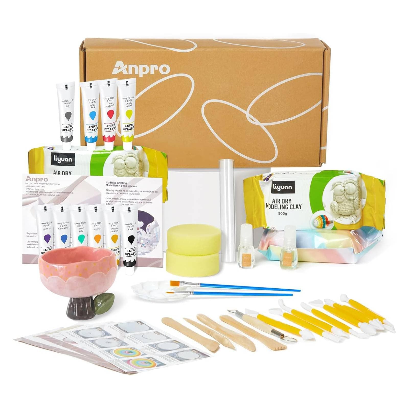 Pottery Kit,Air-Dry Clay Starter Kit for Beginners Clay Kit, Home Made Pottery Set, DIY Air-Dry Clay Kit, Pottery Kit w/Paint Set, Varnish, 10 Paint, Brushes, Sponge(20pcs)