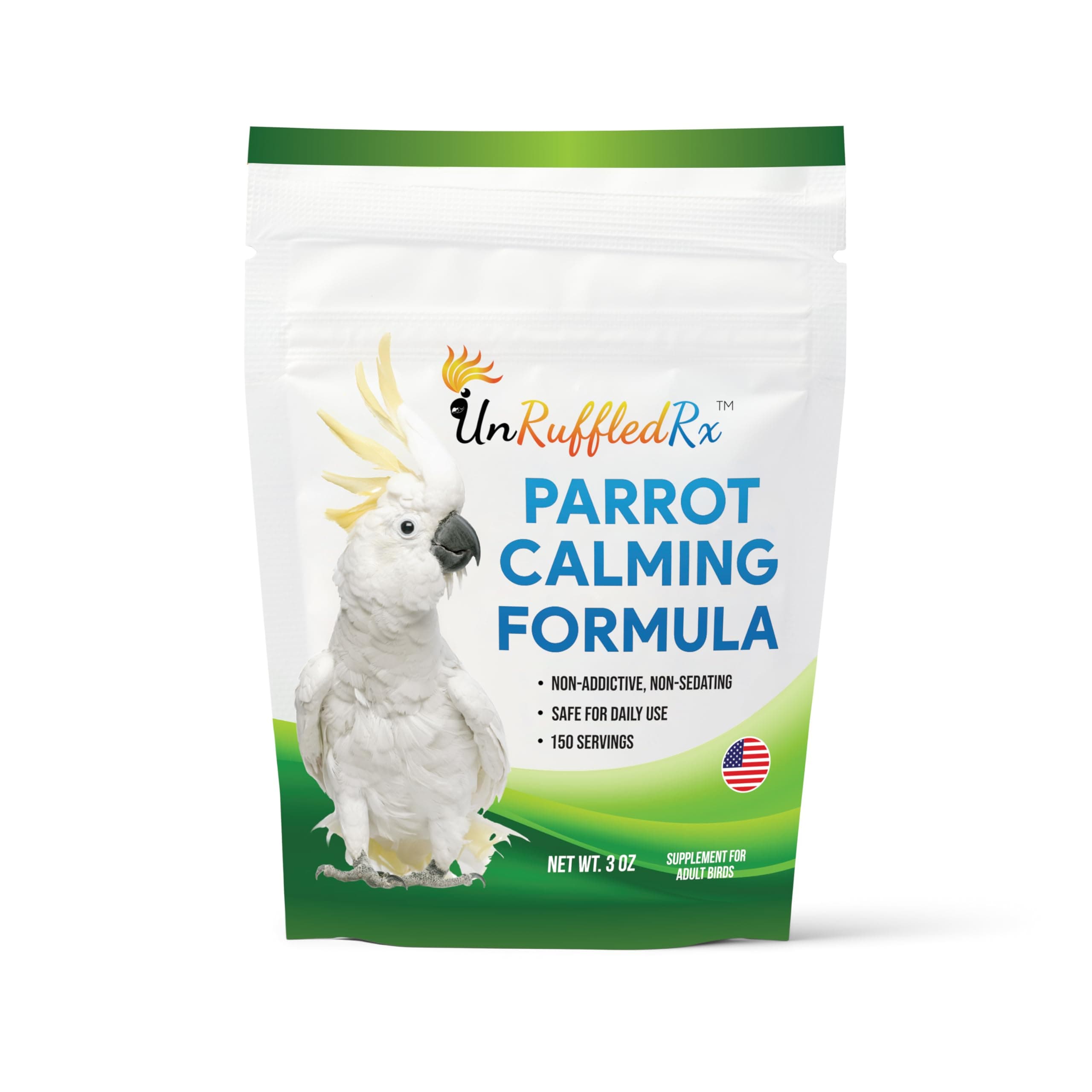 UnRuffledRx™ Calming Formula for Parrots – Bird Supplement That Supports Relaxation During Stressful Events Like Fireworks, Travel, and Visitors – 150 Servings – Made in USA