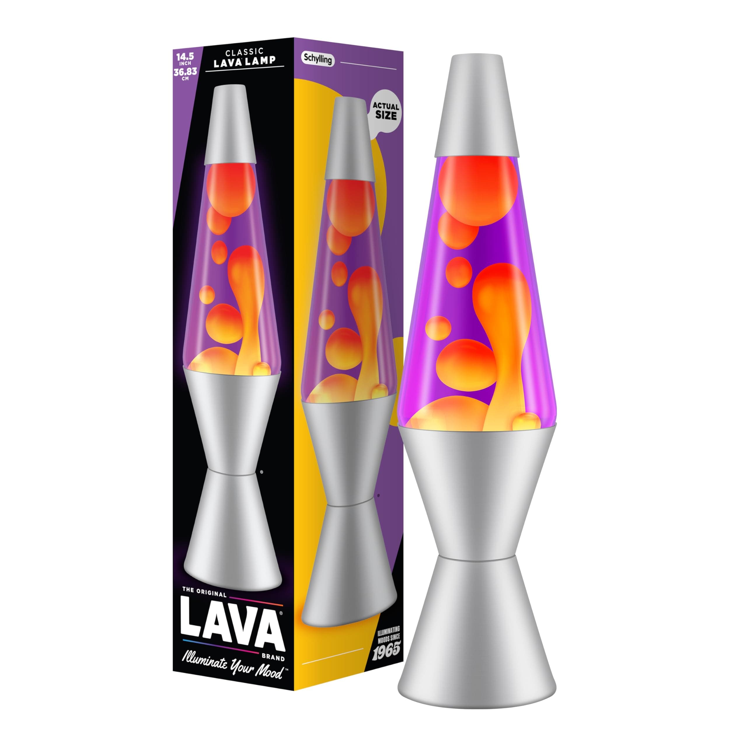 Lava Lamp 2125, Yellow Wax, Purple Liquid, Silver Base and Cap, Original 14.5 inch LAVA Motion Lamp to Illuminate Your Mood