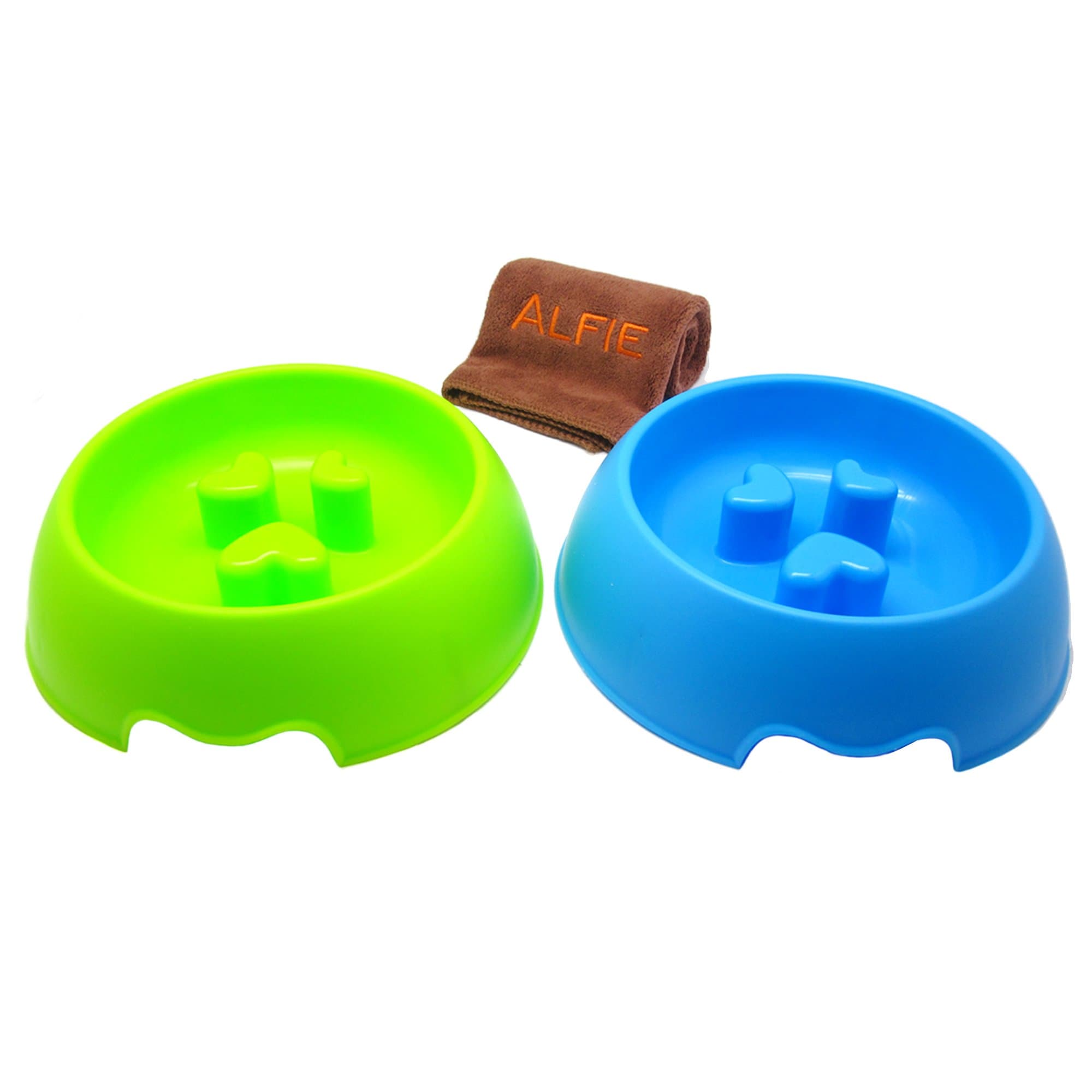 Alfie Pet - Sol Slow-Eating Anti-Gulping Pet Food Bowl 2-Piece Set with Microfiber Fast-Dry Washcloth (for Dogs & Cats) - Color: Blue and Green, Size: Medium