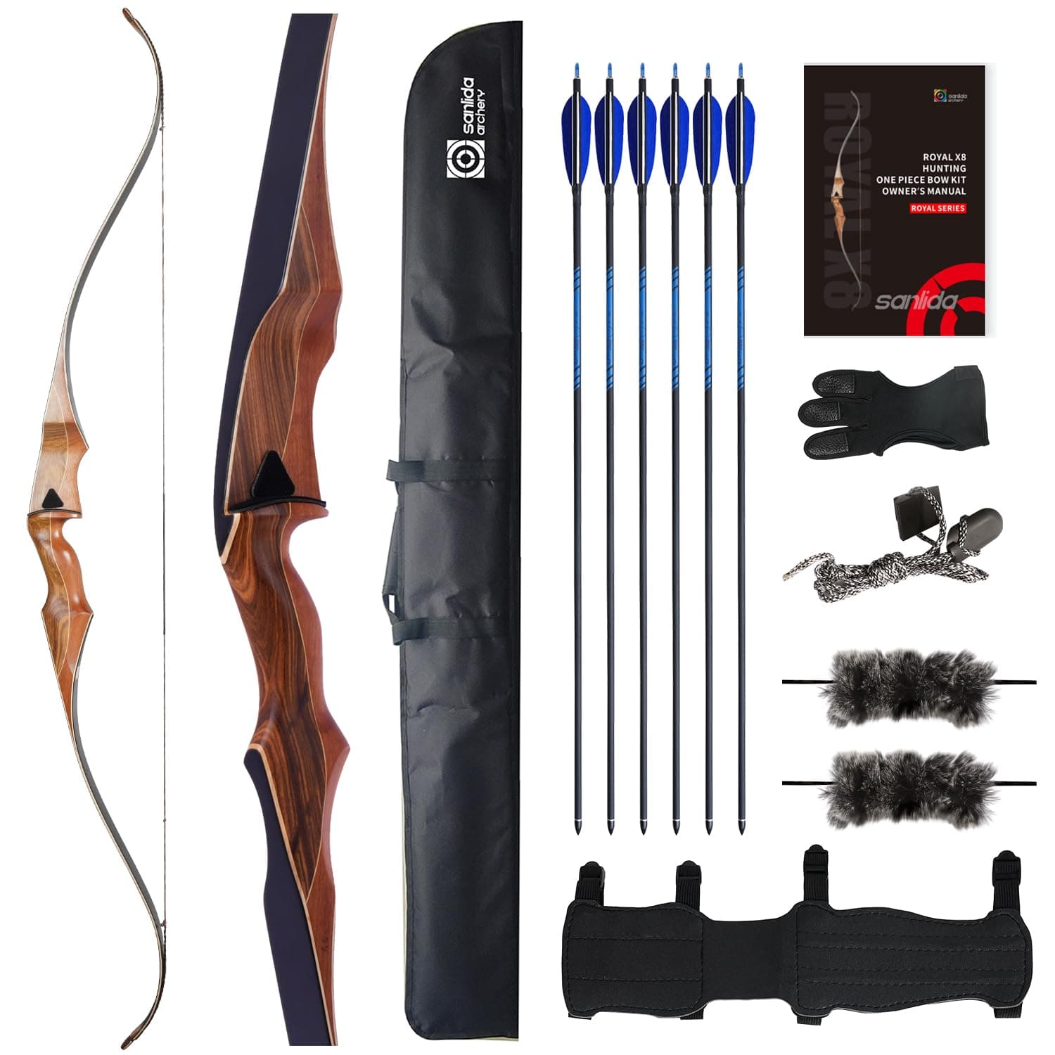 Sanlida Archery 60" Royal X8 One-Piece Bow Traditional Wooden Hunting Longbow Handmade Hunting Bow and Arrows Kit for Adults & Traditional Archers, RH Only