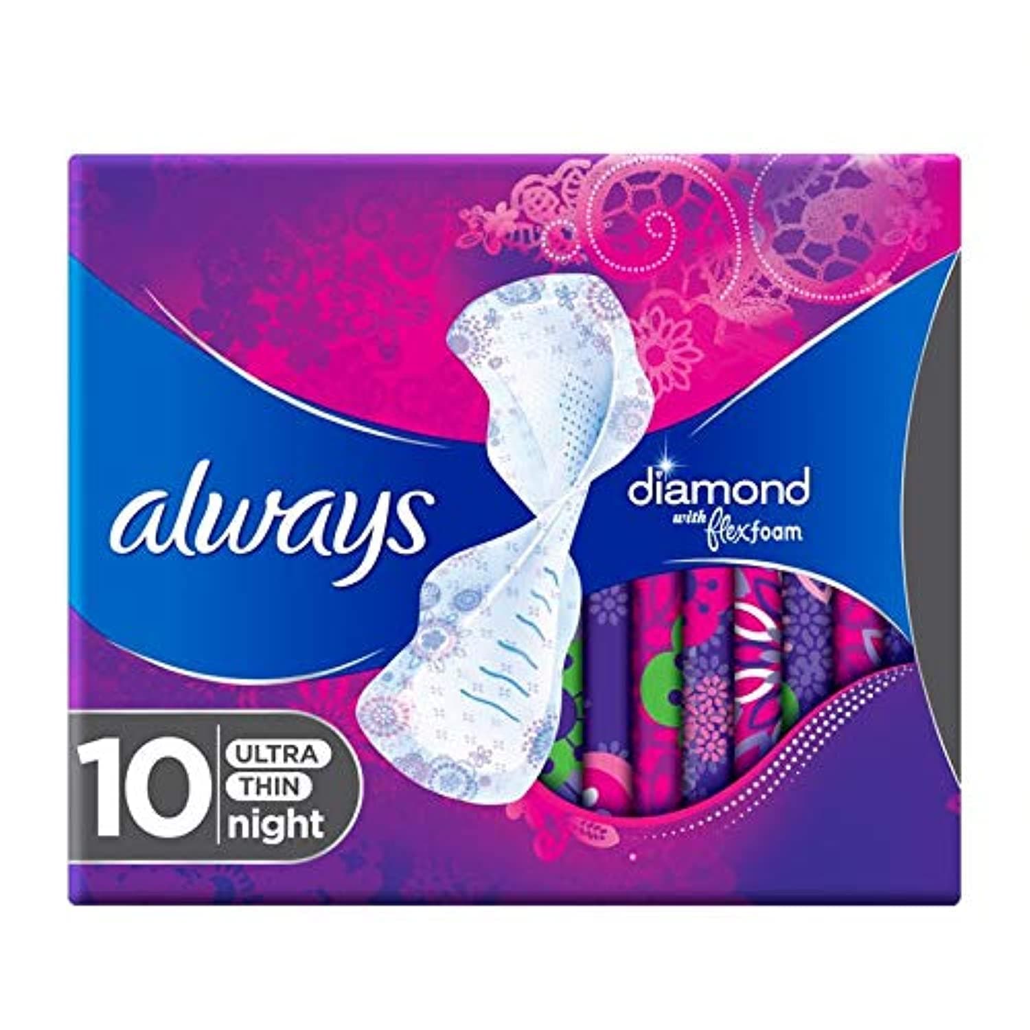 ALWAYS Diamond FlexFoam, Large sanitary pads with wings, 10 ct