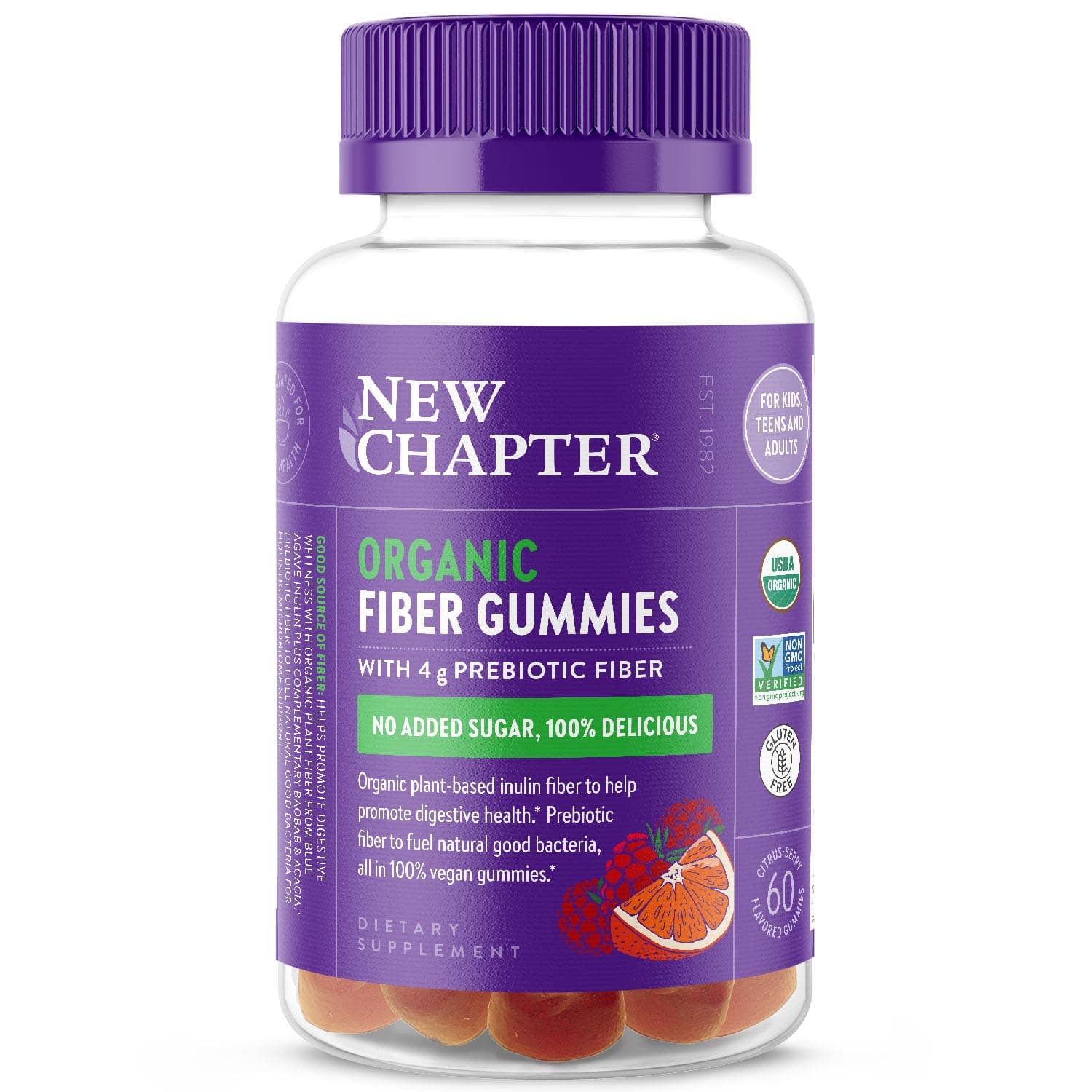 New Chapter Organic Fiber Gummies for Adults & Kids (Age 4+), Plant-Based Prebiotic Fiber for Digestive Health, Vegan, Non-GMO, USDA Organic, Gluten Free, Citrus-Berry Flavored, 60 ct