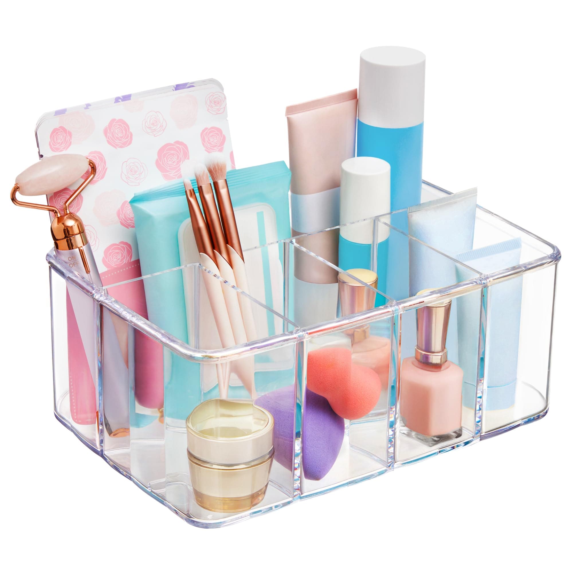 STORi 5-Compartment Clear Plastic Organizer | Rectangular Divided Makeup and Vanity Storage Bin and Office Desk Caddy | Scalloped Wall Design | Made in USA