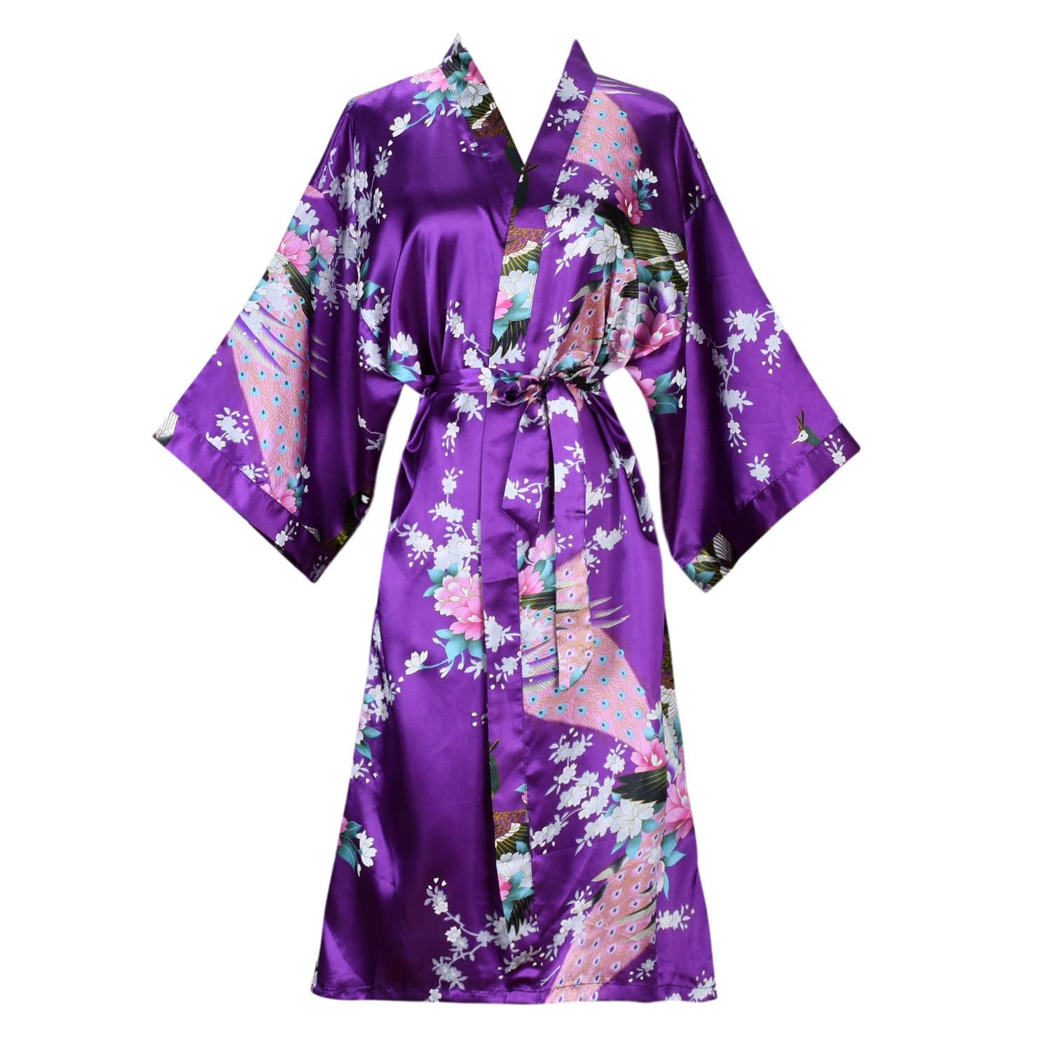 ELLENWELL Women Kimono Robe Silk Pajamas Loungewear Peacock Satin Nightwear