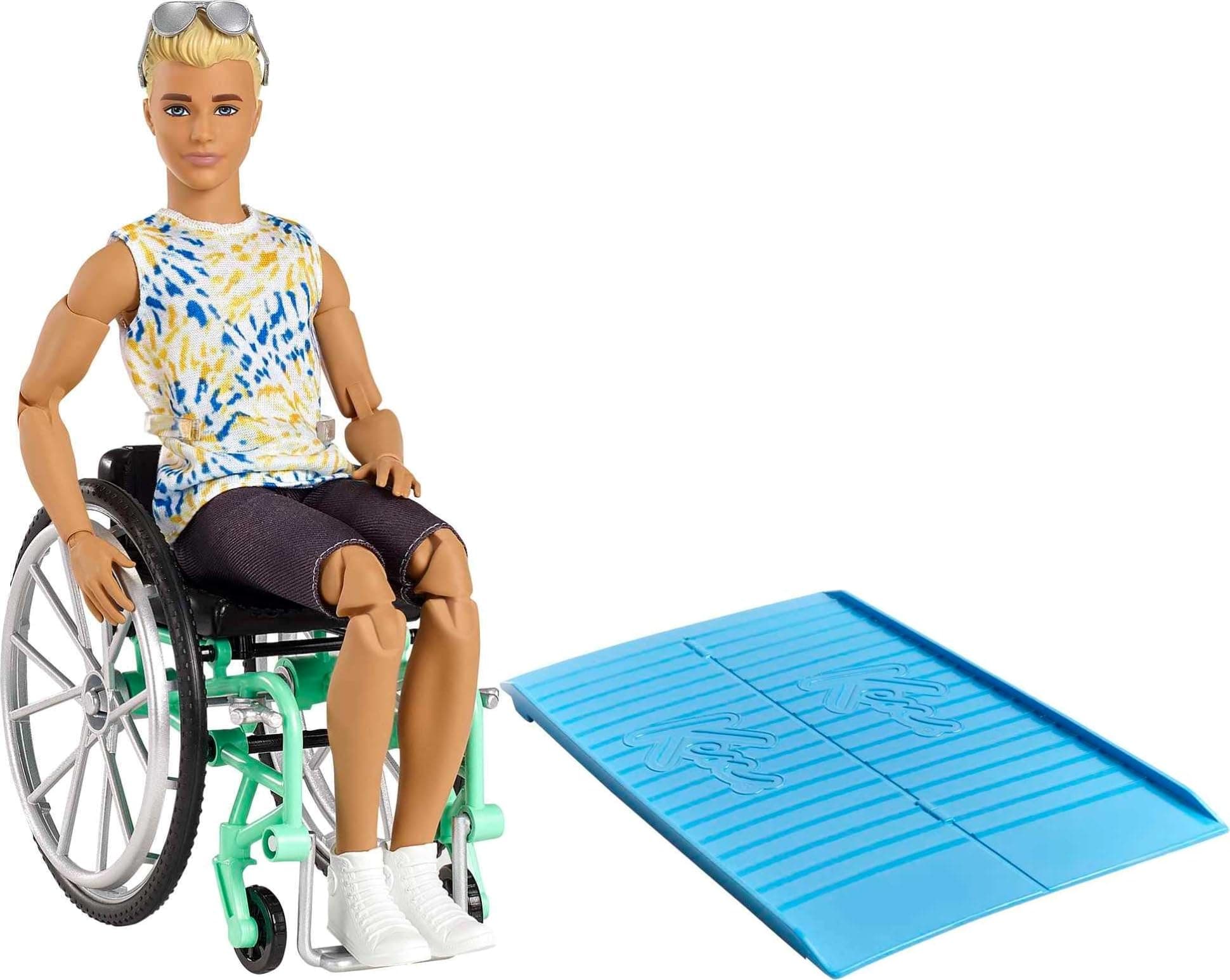 Barbie Ken Fashionistas Doll #167 with Wheelchair & Ramp Wearing Tie-Dye Shirt, Black Shorts, White Sneakers & Sunglasses, Toy for Kids 3 to 8 Years Old
