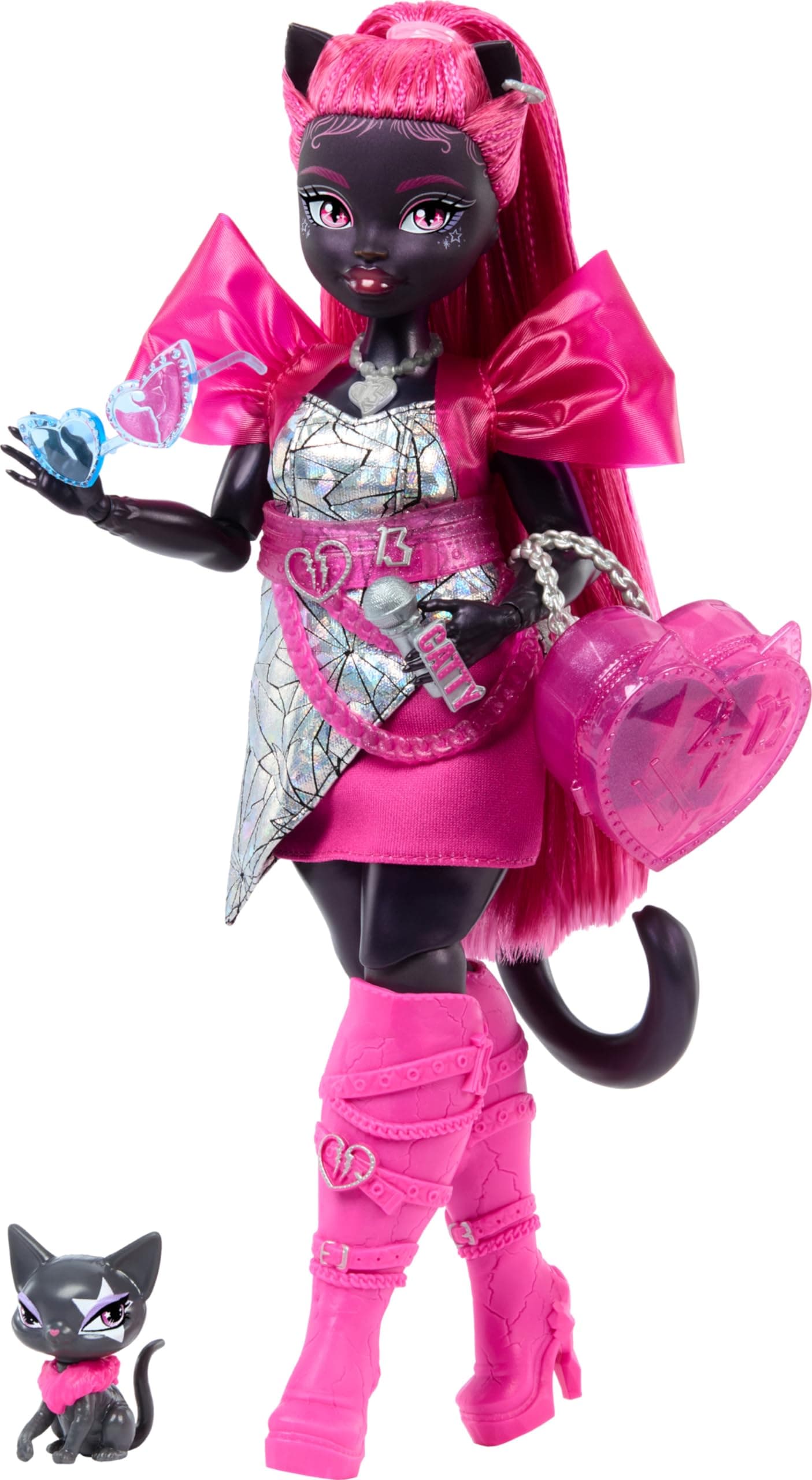 Monster High Catty Noir Doll with Pet Cat Amulette and Accessories Like Backpack, Music Book, Microphone and More