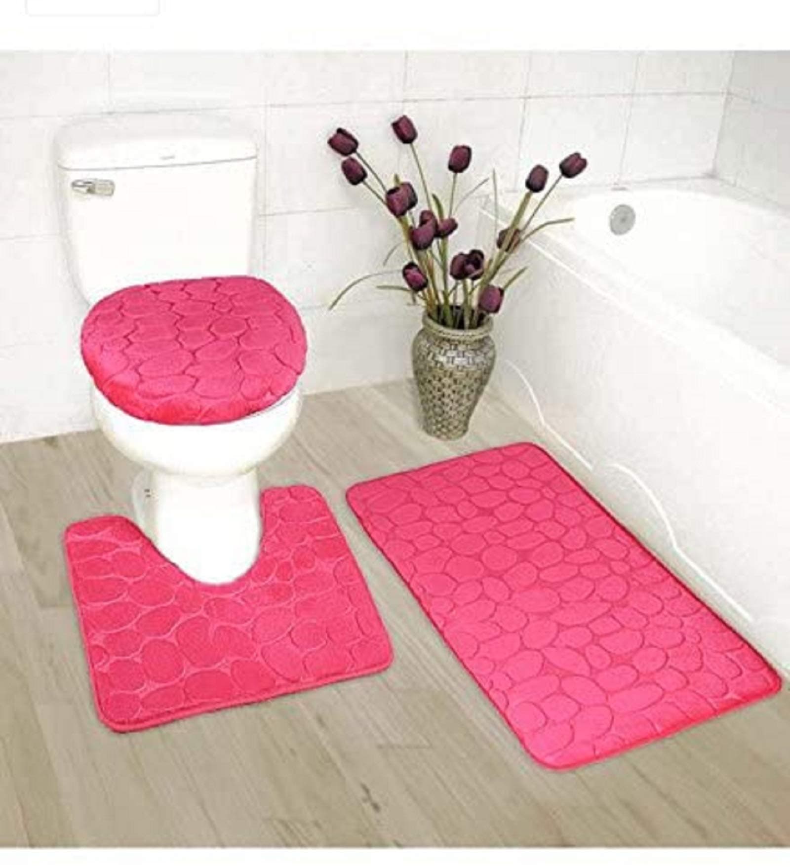 Mk Home 3pc Hot Pink Memory Foam Anti-Slip Bathroom Set Contour Bathroom Rug Set, Toilet Lid Cover and Mat New