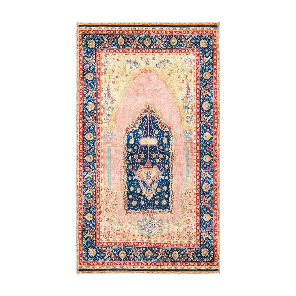 Benissimo, 28"x50" Muslim Prayer Rugs, Sajadah for Islam, Printed Design Sultanahmet Collection, Thick and Tight Islamic Praying Mat, Runner & Non Skid Carpet - Pink & Navy