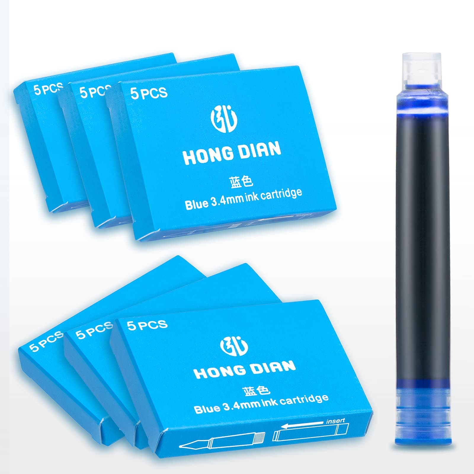 Hongdian Fountain Pen Blue Ink Cartridges, Set of 30 Refill Ink Cartridges, 3.4 mm Bore Diameter