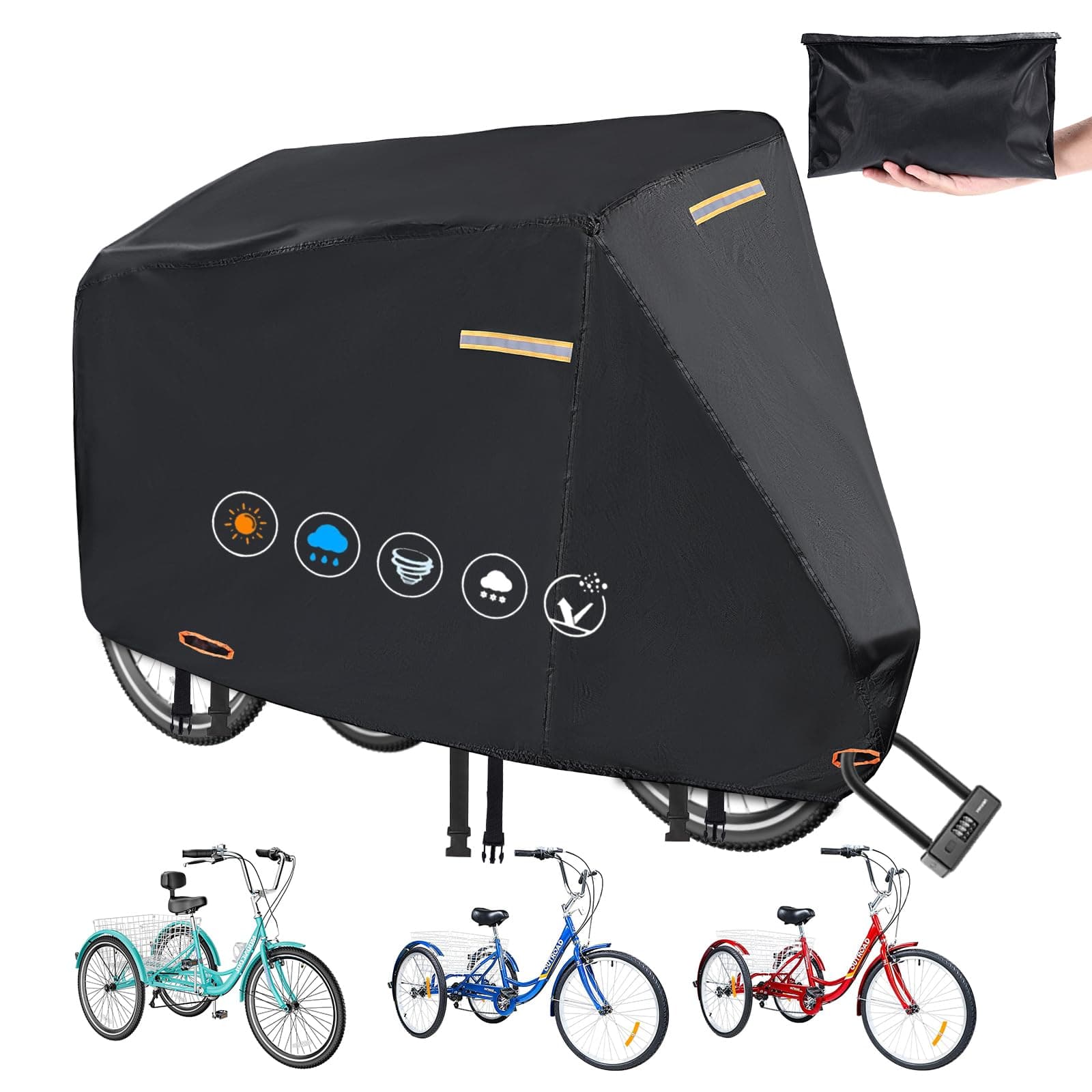 GRABADO Tricycle Cover for Adults, Heavy Duty 420D Protective Cover for Tricycle, UV-Resistant Universal Bicycle Cover Outdoor with Waterproof Strips, 3 Nylon Lock Holes, 4 Reflective Strips