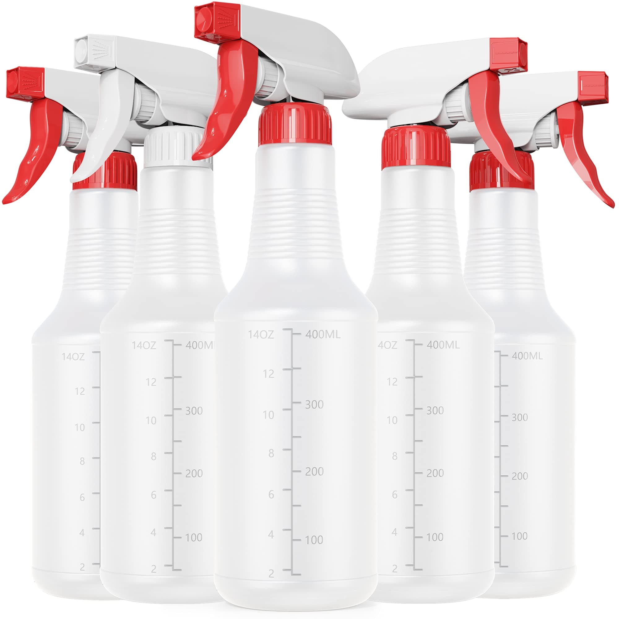 Spray Bottle (5 Pack,16 Oz) with Measurements and Adjustable Nozzle(Mist & Stream Mode), HDPE Plastic Spray Bottles for Cleaning Solution, Household/Commercial/Industrial Use, No Leak and Clog