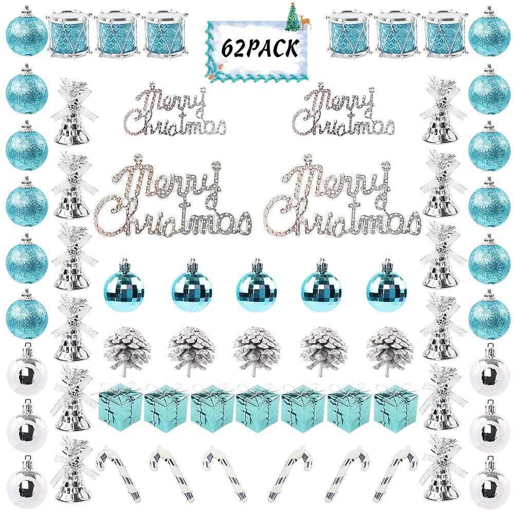 FUNARTY 62ct Christmas Ball Ornaments Assorted Shatterproof Christmas Tree Balls Decorations with Hand-held Gift Package for Xmas Tree Holiday Wedding Party (Blue and Silver)
