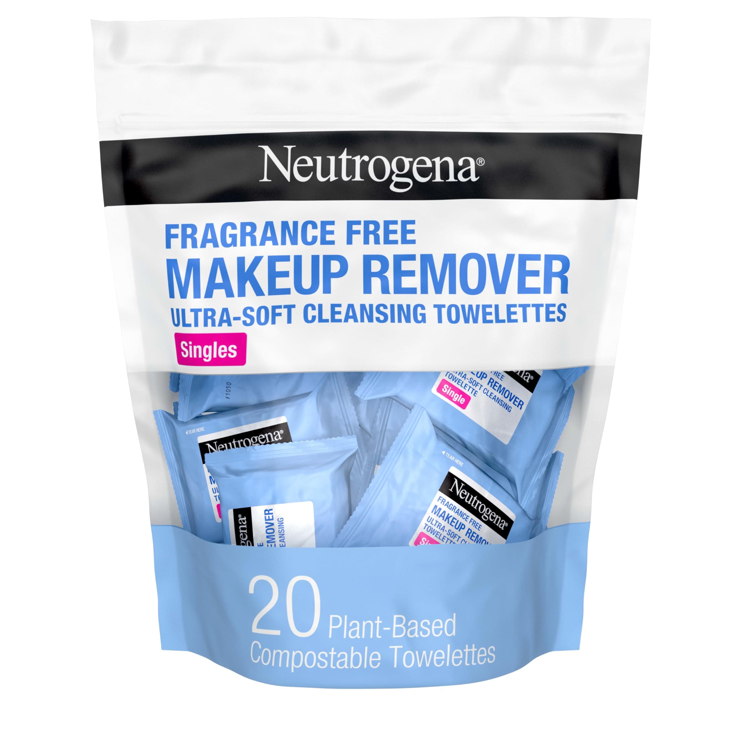 Neutrogena Fragrance-Free Makeup Remover Cleansing Towelette Singles, Individually-Wrapped Daily Face Wipes to Remove Dirt, Oil, Makeup & Waterproof Mascara for Travel & On-the-Go, 20 ct