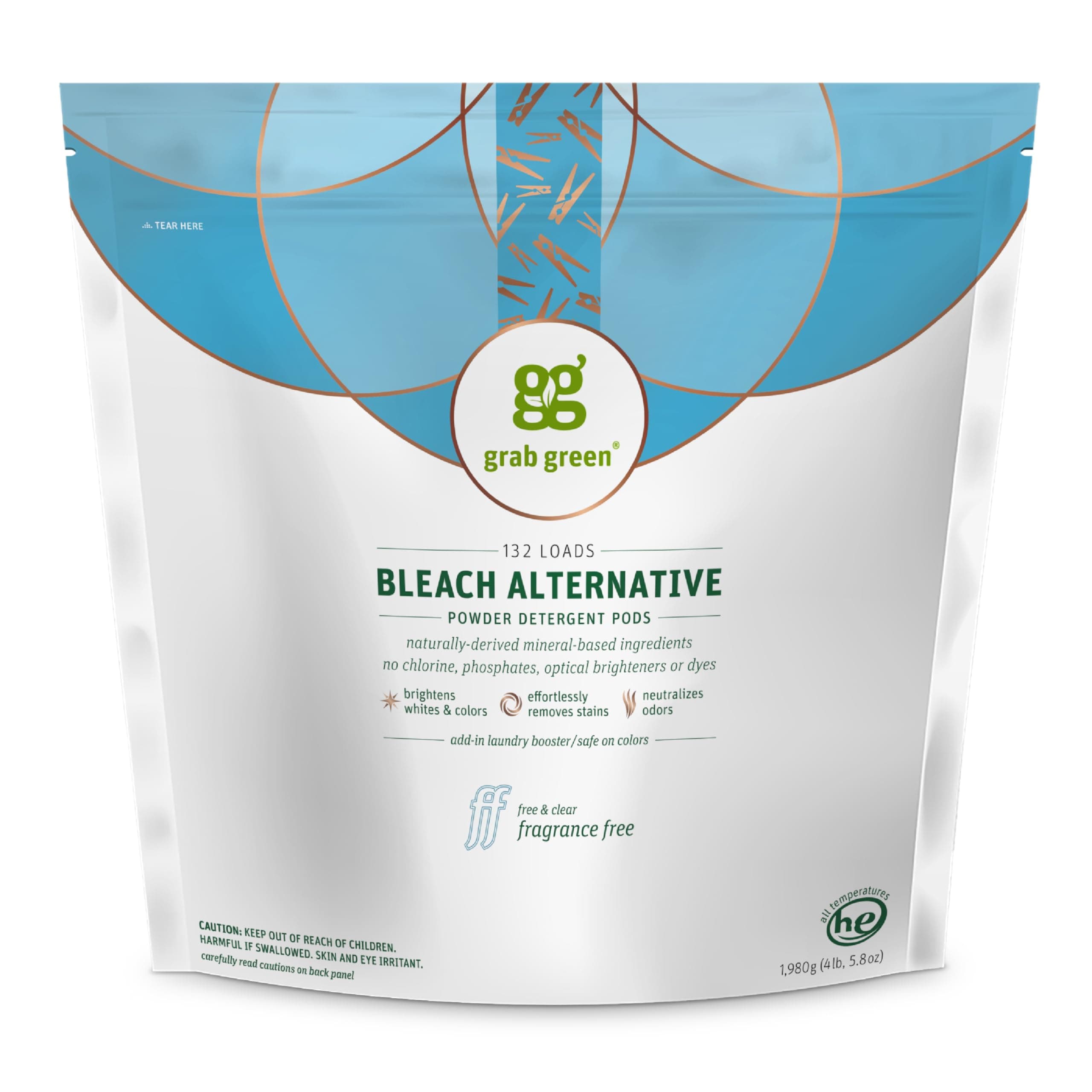 Grab Green Bleach Alternative Pods, 132 Count, Chlorine Free, Fragrance Free, Plant and Mineral Based, Laundry Booster to Brighten Whites, Removes Stains, Neutralizes Odors, Packaging May Vary