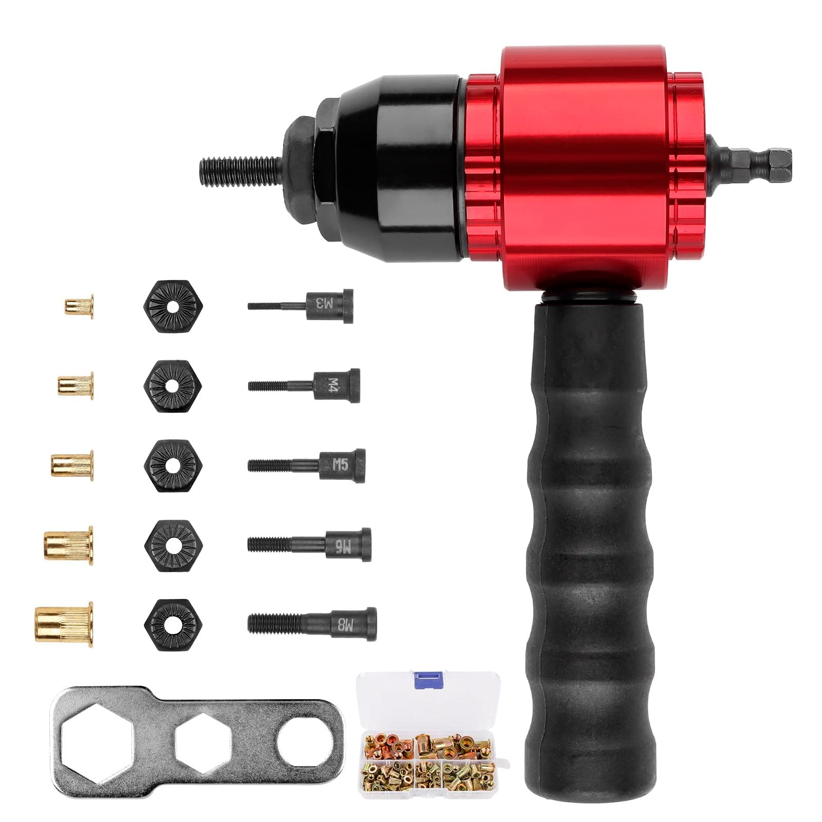 YUZES Rivet Nut Tool Adapter for Cordless Drill Electric- Newly Labor-Saving Rivet Nut Gun Kit with 5 Metric Mandrels(M3 M4 M5 M6 M8), 100 Pcs Rivet Nuts Assortment Kit