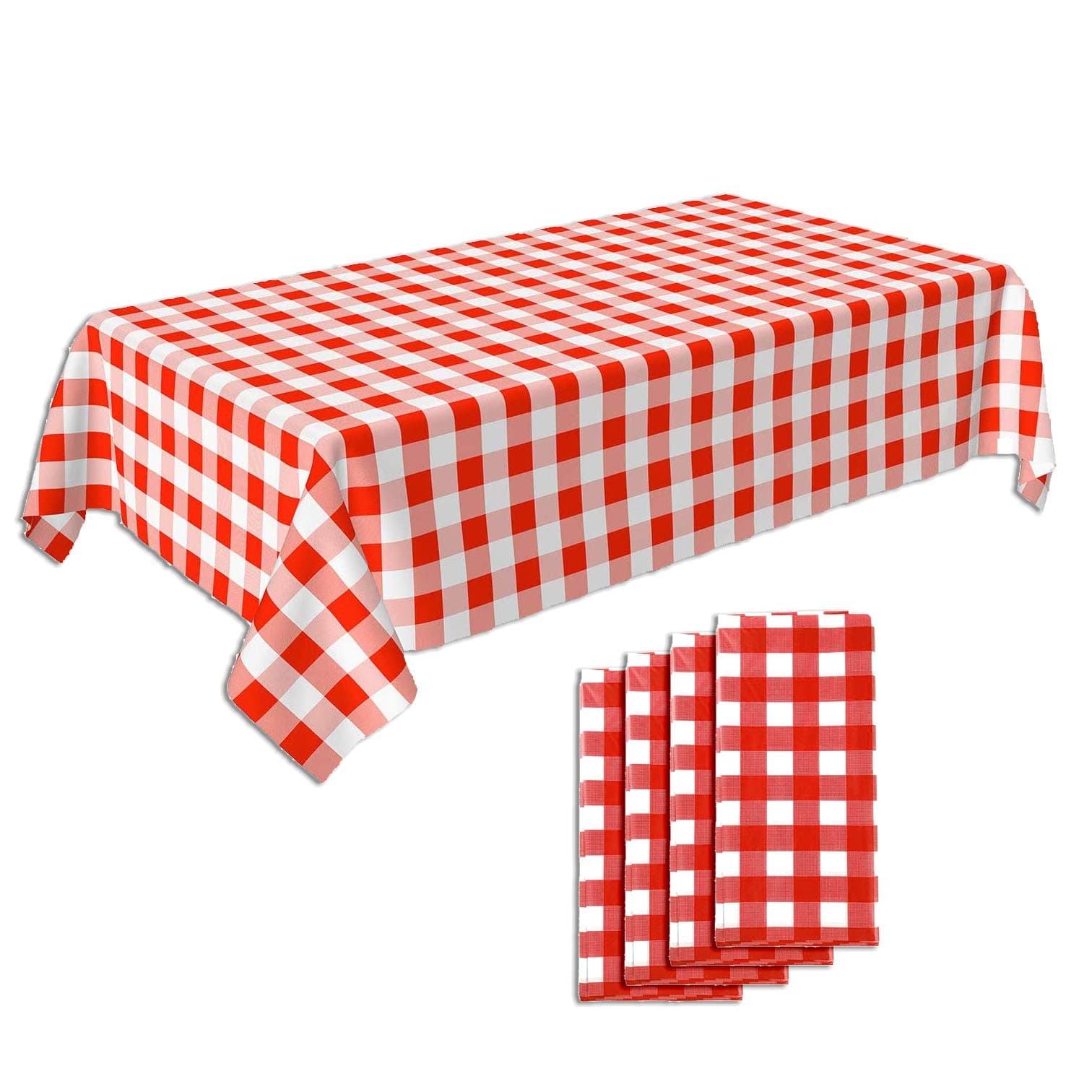 C CRYSTAL LEMON Picnic Tablecloth Pack of 4 – Red and White Checkered Vinyl Gingham – Waterproof Disposable Table Cover for Outdoor Camping & Picnics