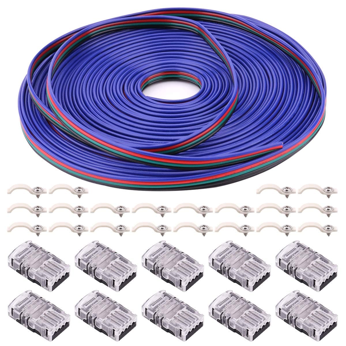 4Pin RGB LED Strip Connector Kit - 10mm 5050 RGB LED Connector Kit includes 10x Strip to Wire Quick Connectors, 32.8ft RGB Extension Wire Cable, 20x LED Strip Clips