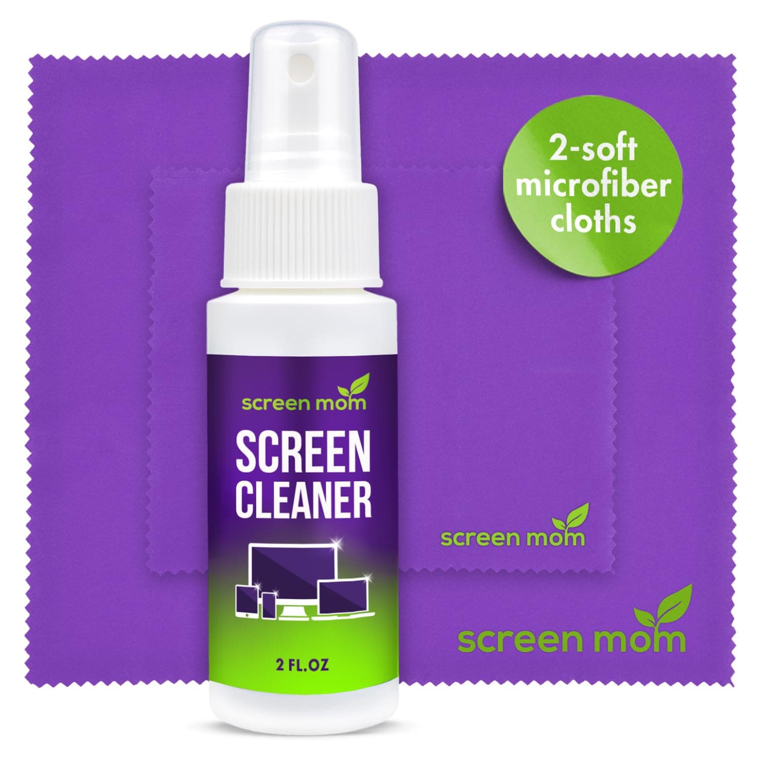 Screen Mom Screen Cleaner Kit - Best for Laptop, iPad, Eyeglass, LED, LCD, TV - Includes 2oz Spray and 2 Premium Purple Microfiber Cloths - Great for Travel,Smartphone,Touchscreen,Kindle, 3D Glasses