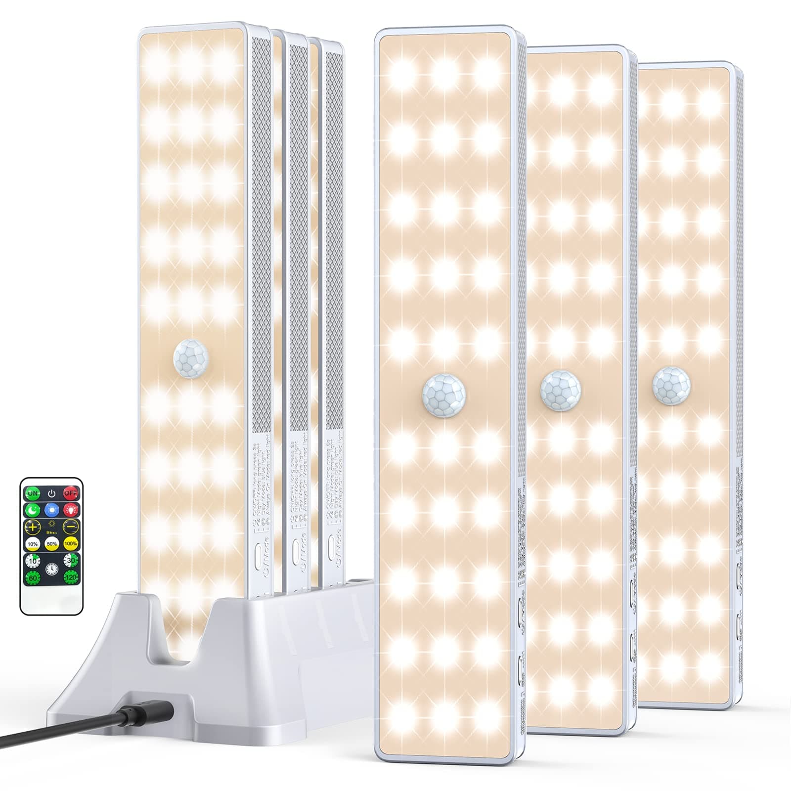 LED Closet Light with Charging Station, 6 Pcs 30LEDs Rechargeable Motion Sensor Under Cabinet Lighting, Stick-Anywhere Night Safe Light Bar for Wardrobe,Kitchen-Warm White