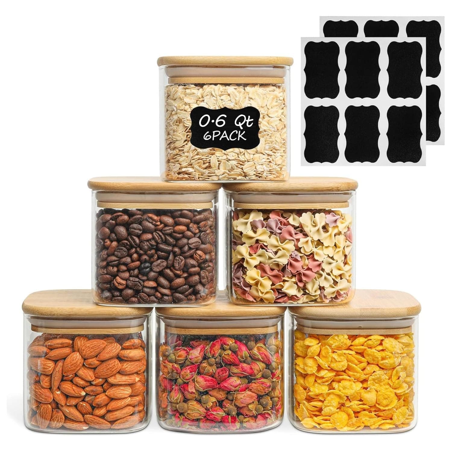 0.6 Qt Glass Food Storage Jars Set of 6, Clear Storage Containers with Airtight Lids, Pantry Organization Jar, Spice Jar, Blooming Tea, Coffee and Sugar Container, Canister Set for Kitchen