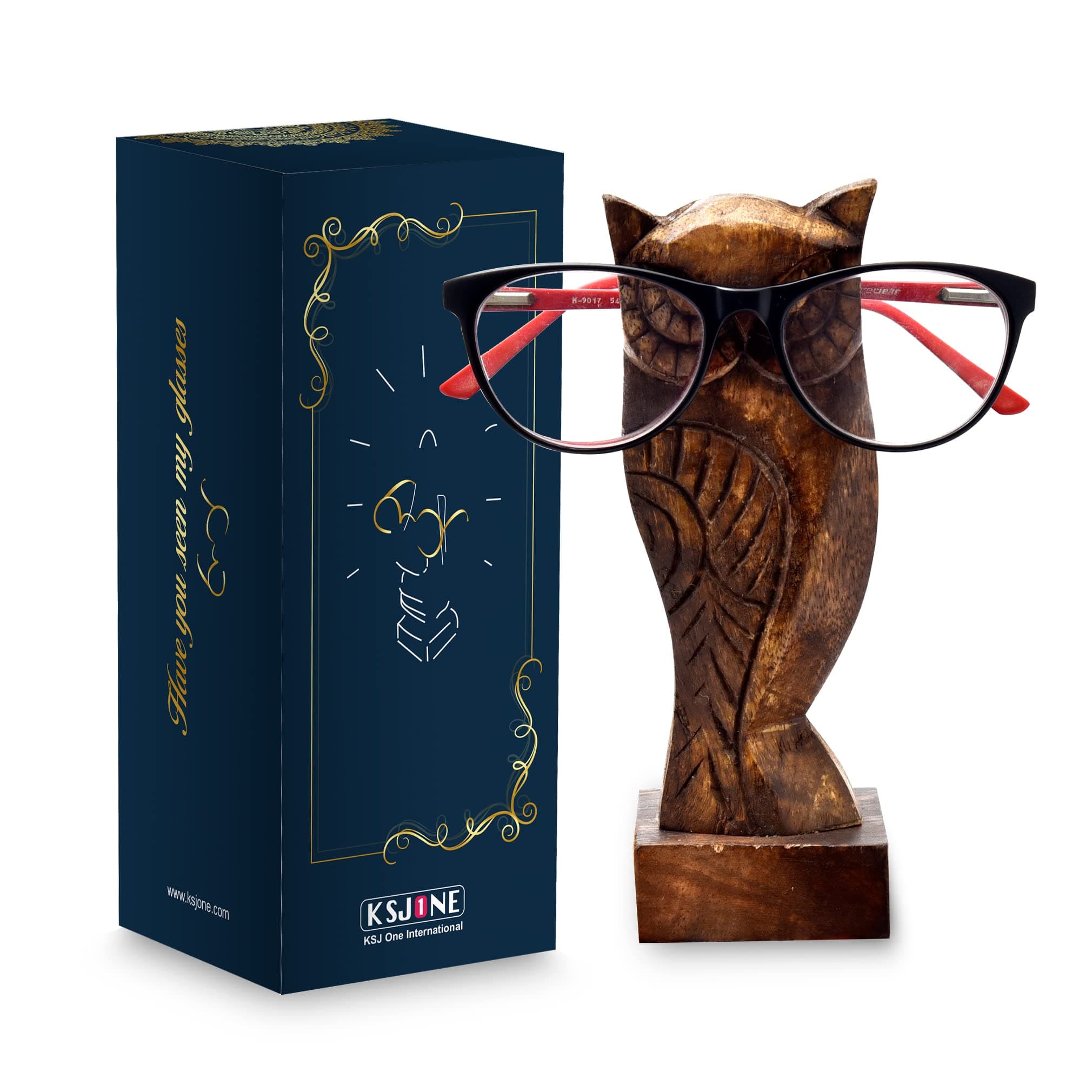 KSJONE Gift Packaged Hand Carved Rustic Spectacle Holder Wooden Eye glasses Stand Gift for Women and Men Home Office Gift for Teacher Him Her Mom Dad Desk Organizer for Kids