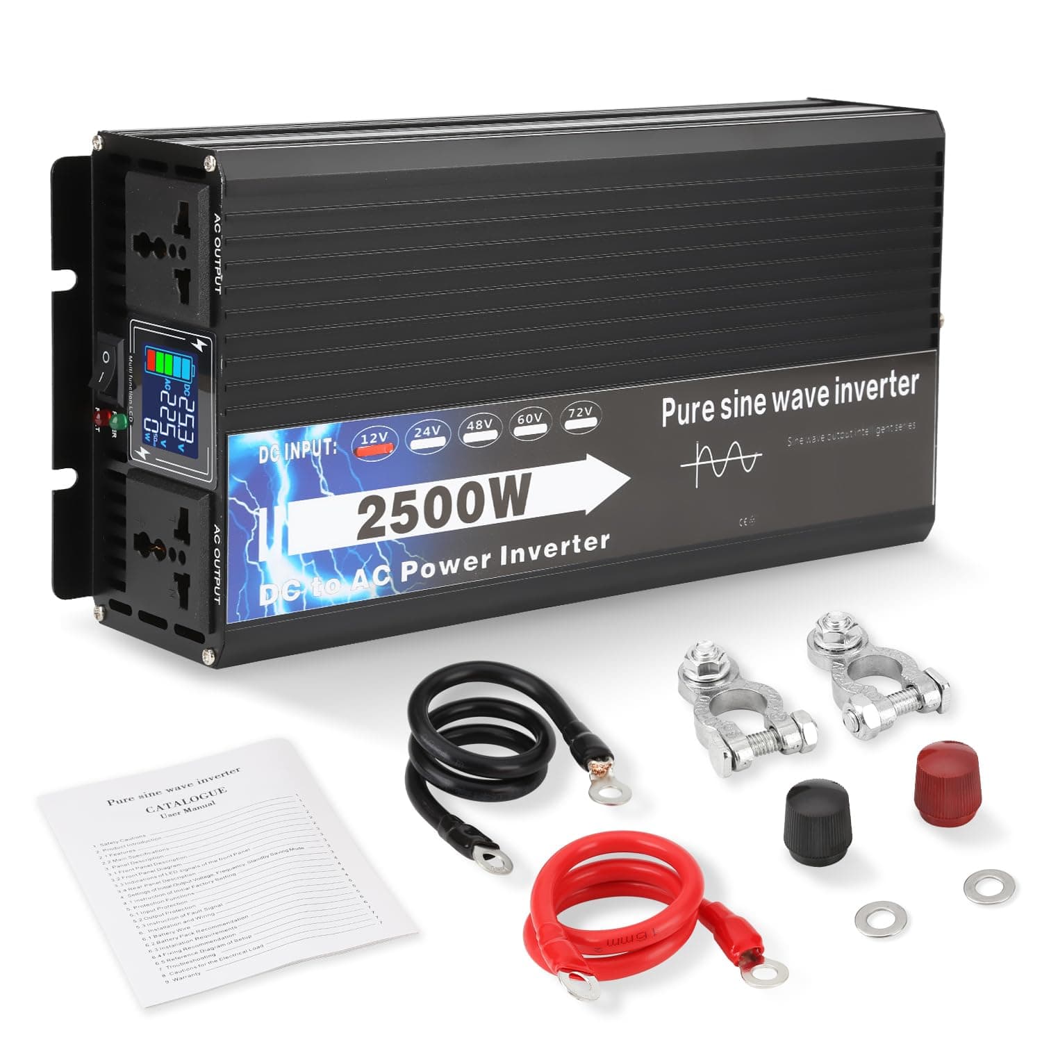 NIHAO 2500W Power Inverters DC 12V to 110V AC Converter with LCD Display, 2 International Socket and Battery Clips for Home, RV, Outdoor, Camping, Boat, Black