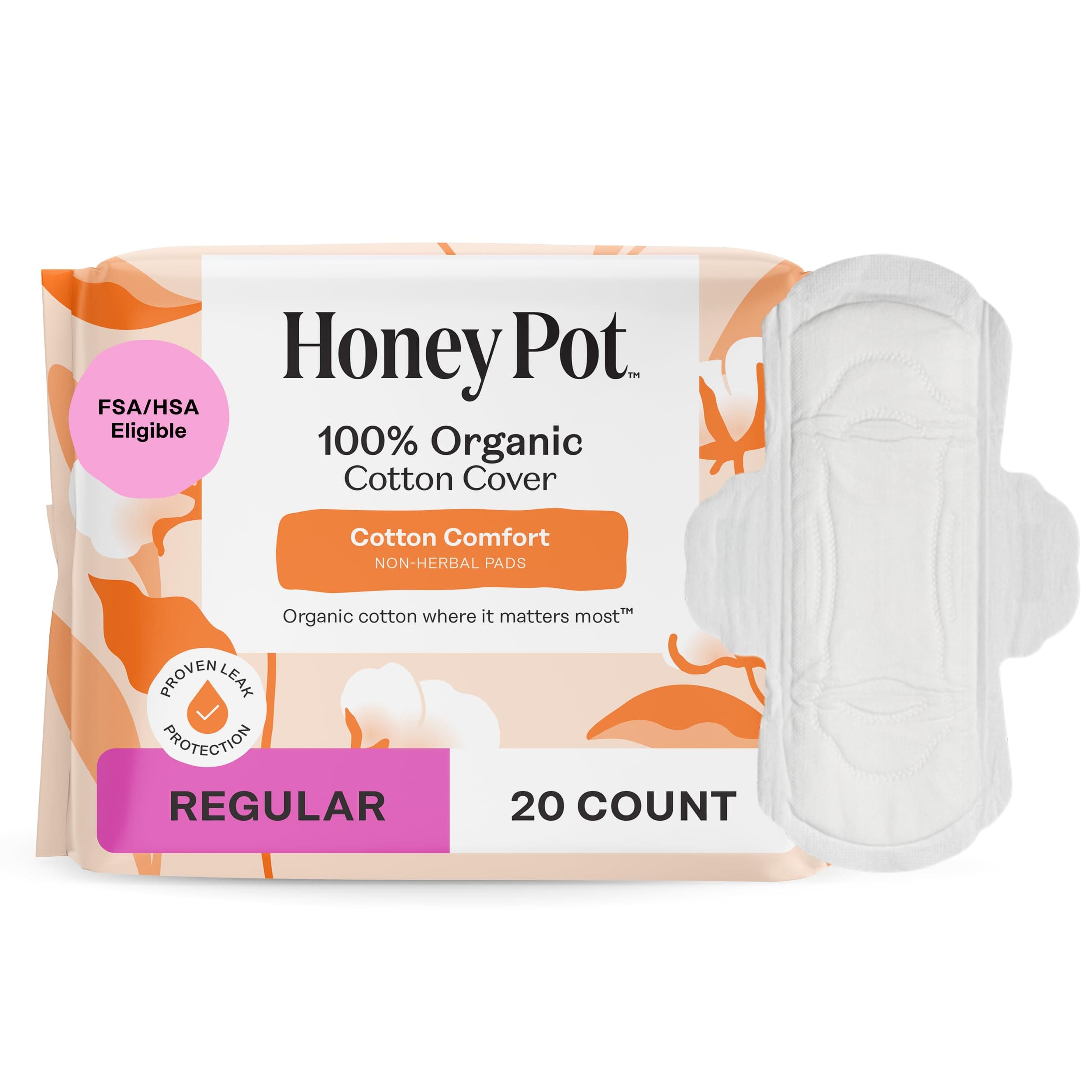 The Honey Pot Company, Non-Herbal Pads with Wings, Organic Regular, 20 Count