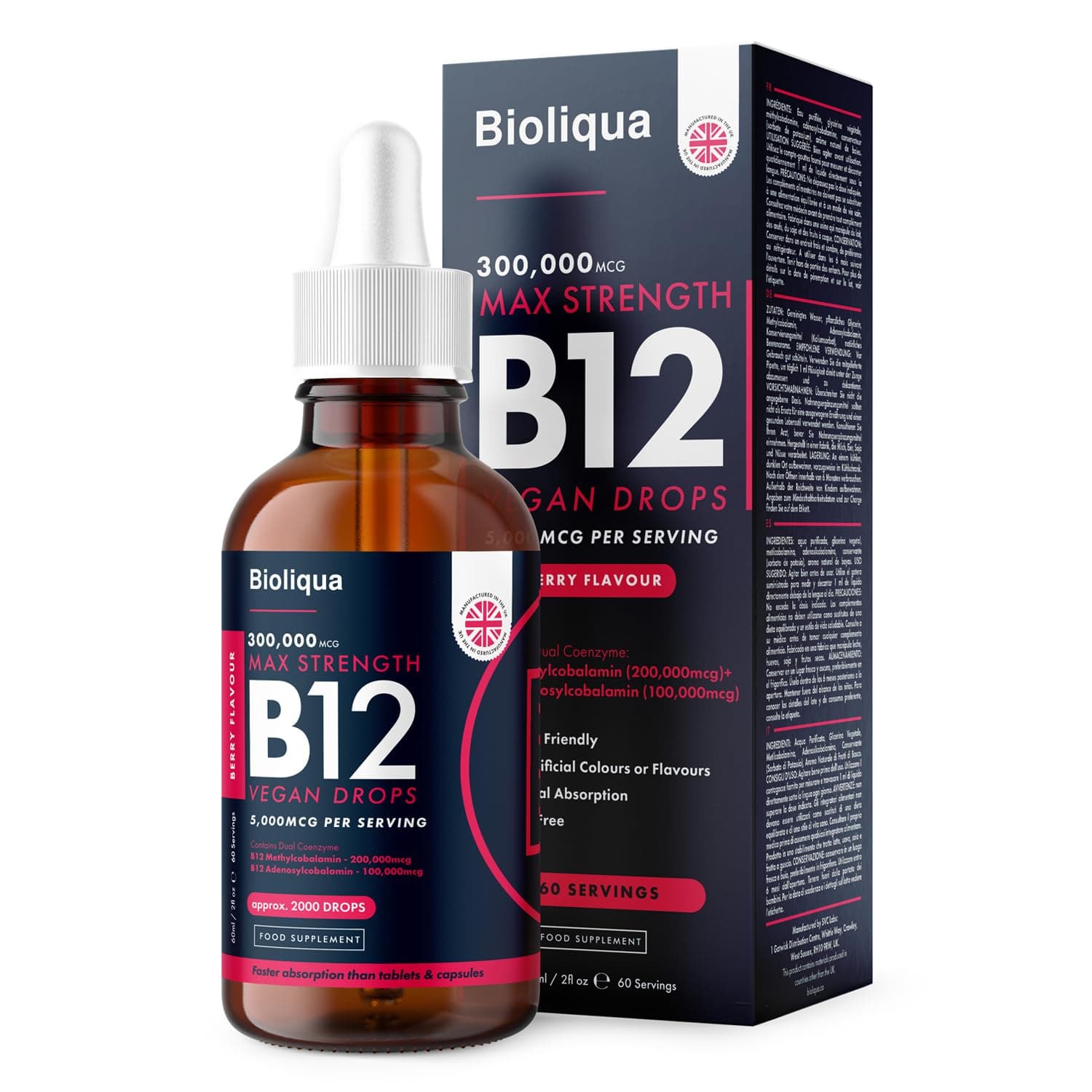 Vitamin B12 Liquid Drops - High Strength 5000mcg per Serving - Vegan Supplement - 60ml Bottle at 4X Concentration - 2 Month Supply of Premium Vitamin B12 Extract - Made in UK by Balance
