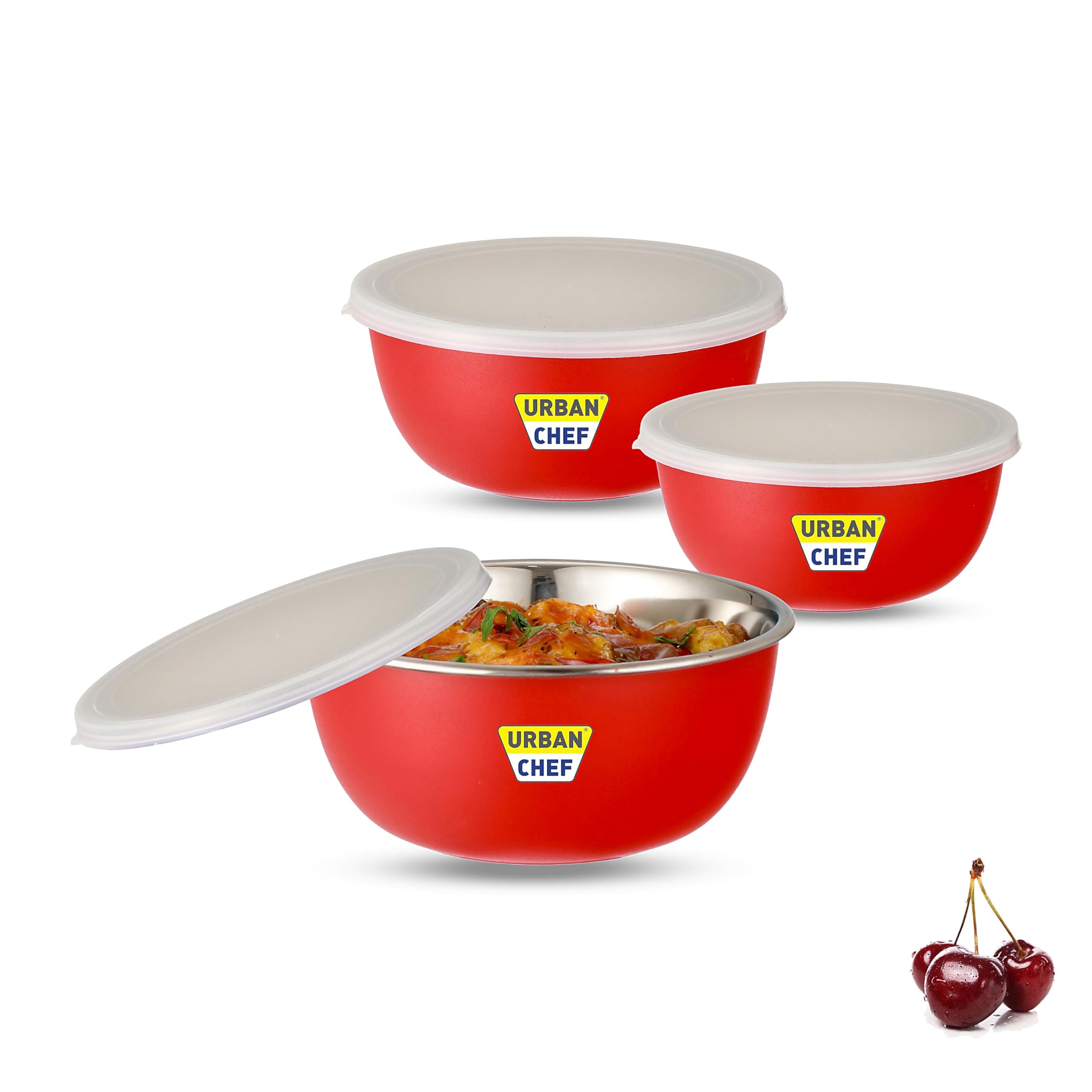 URBAN CHEF Mixing Bowl Set of 3 Stainless Steel (500ml, 800ml,1250ml) | Microwave Safe & Dishwasher Safe | Bowl Set with Lid for Gift | Bowls for Snacks | Serving Bowls Kitchen Accessories -Red