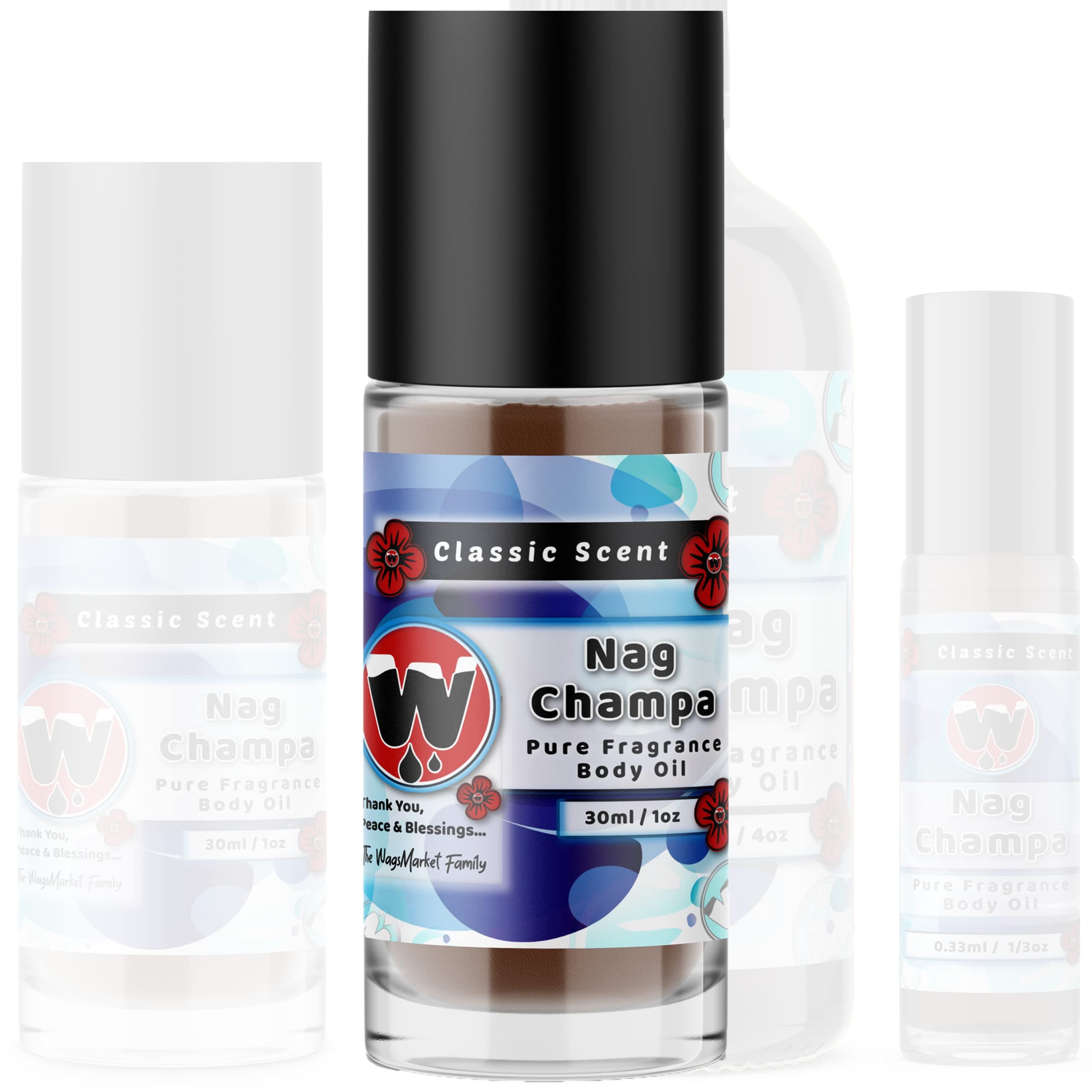 WagsMarket - Nag Champa Perfume Oil, from 0.33oz Roll On to 4oz Glass Bottle (1oz Roll-On)