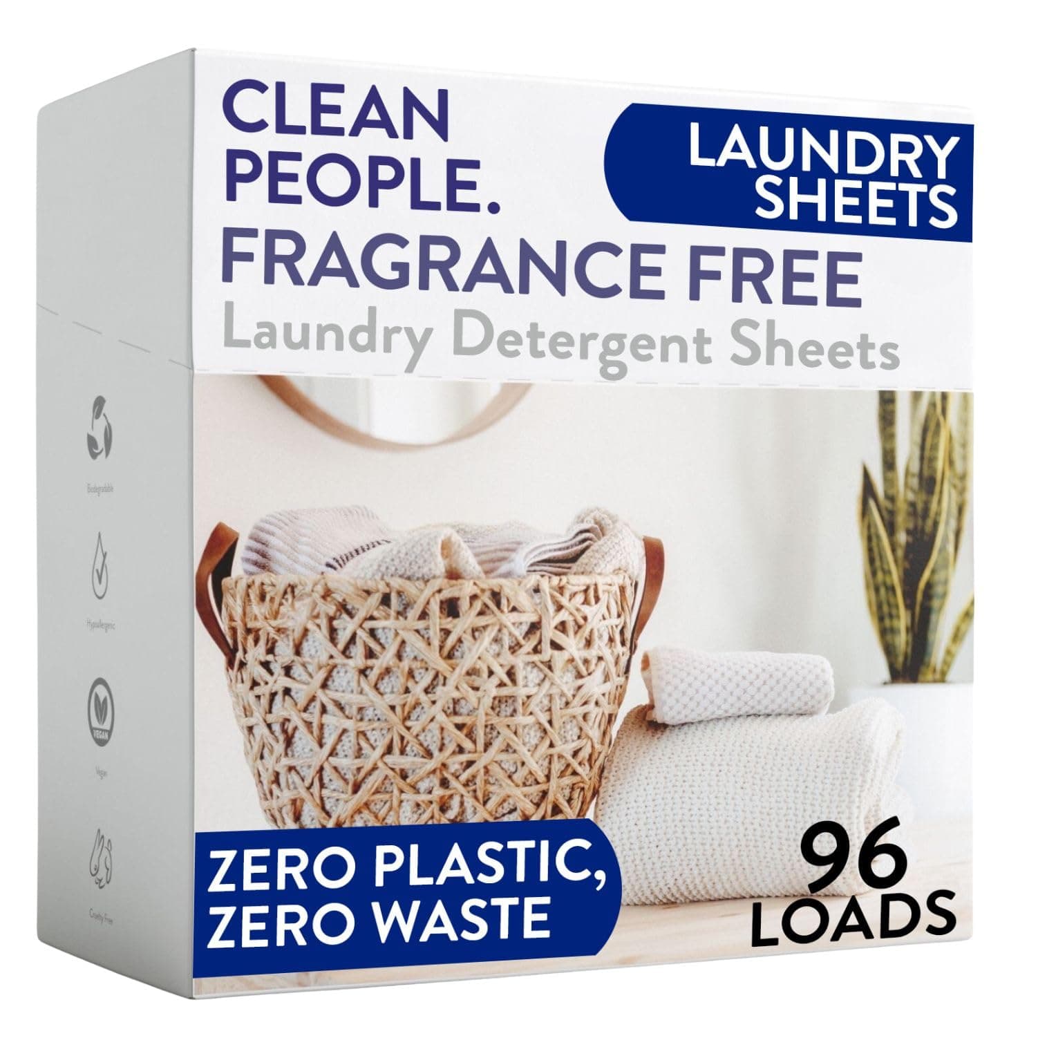 Clean People Laundry Detergent Sheets - Recyclable Packaging, Hypoallergenic, Stain Fighting - Ultra Concentrated, Laundry Soap - Fragrance Free, 96 Pack