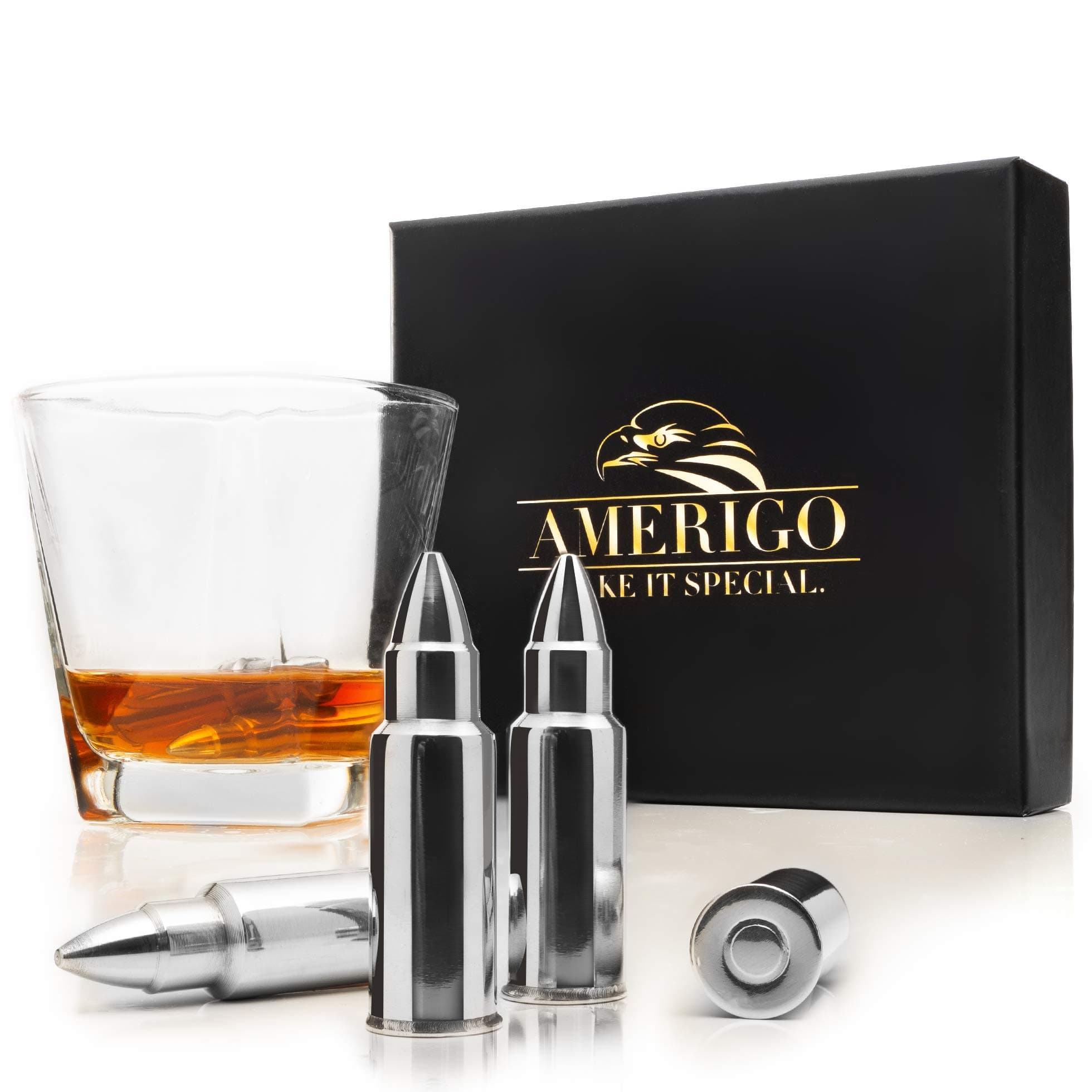 Whiskey Stones Bullets with High Cooling Technology - Stainless Steel Whiskey Bullets - Reusable Ice cubes - Best Gift for Men - Set of 6 Whiskey Ice Cubes + Ice Tongs - Whiskey Stones Gift Set