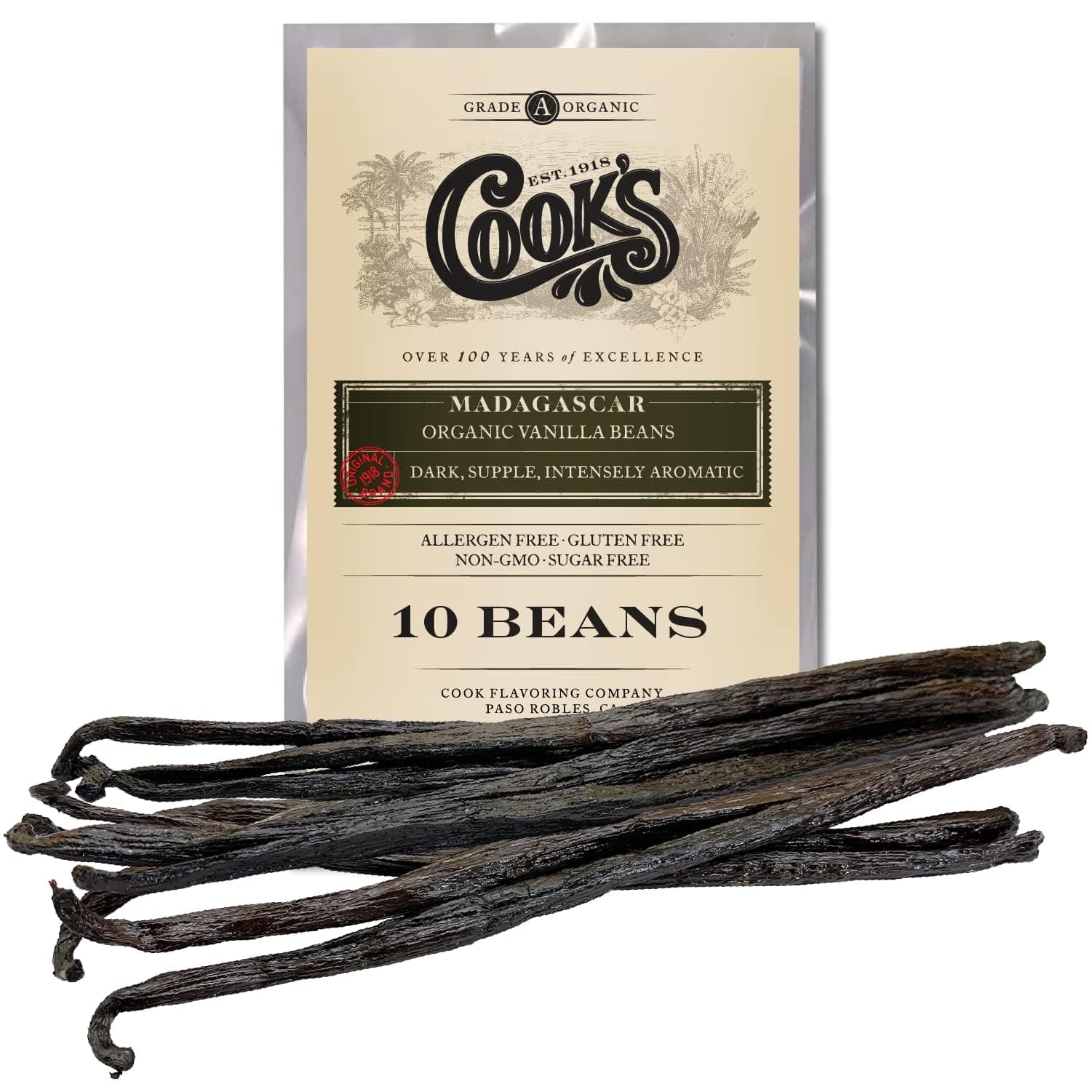 10 Organic Madagascar Whole Vanilla Beans, Grade A Vanilla Pods, Premium Vanilla Beans for Making Extract & Baking -