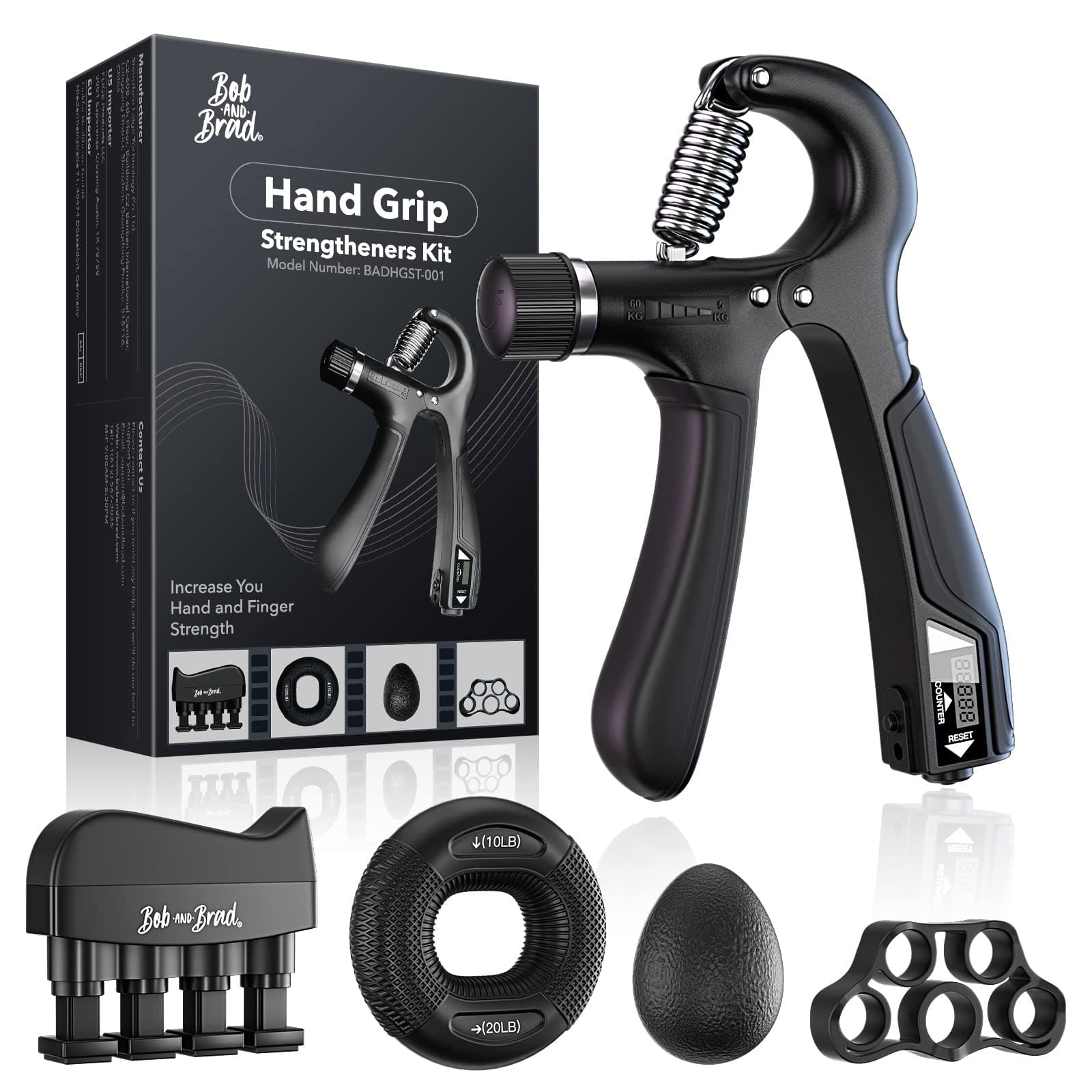 Hand Grip Strengthener Kit with Counter (5 Pack), Forearm Workout Strength Trainer,Adjustable Resistance Exerciser,Finger Exerciser,Finger Stretcher,Grip Ring & Stress Relief Grip Ball